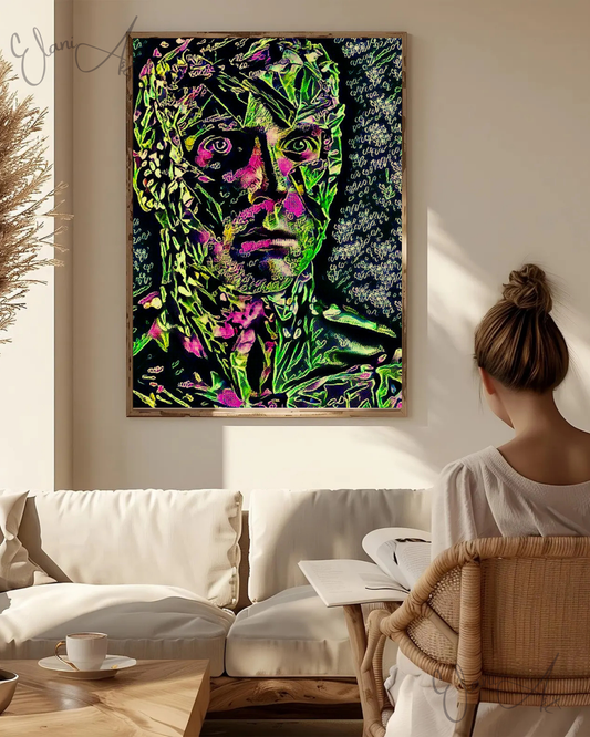 BOTANICAL MAN - An Original Vibrant Green Pink Man Foliage Nature Green Pink Eyes Portrait Impressionistic Wall Artwork Print by ElaniArt