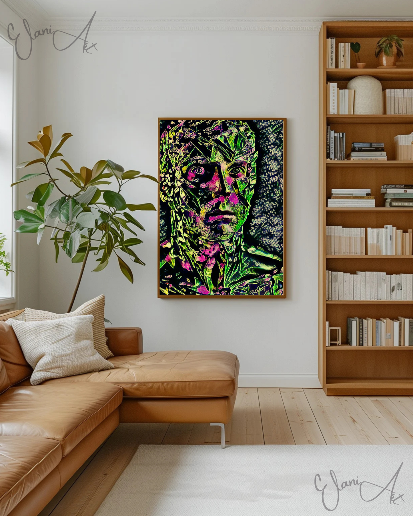 BOTANICAL MAN - An Original Vibrant Green Pink Man Foliage Nature Green Pink Eyes Portrait Impressionistic Wall Artwork Print by ElaniArt