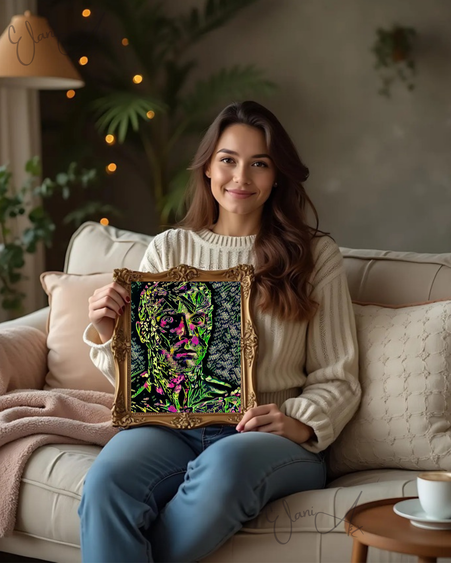 BOTANICAL MAN - An Original Vibrant Green Pink Man Foliage Nature Green Pink Eyes Portrait Impressionistic Wall Artwork Print by ElaniArt