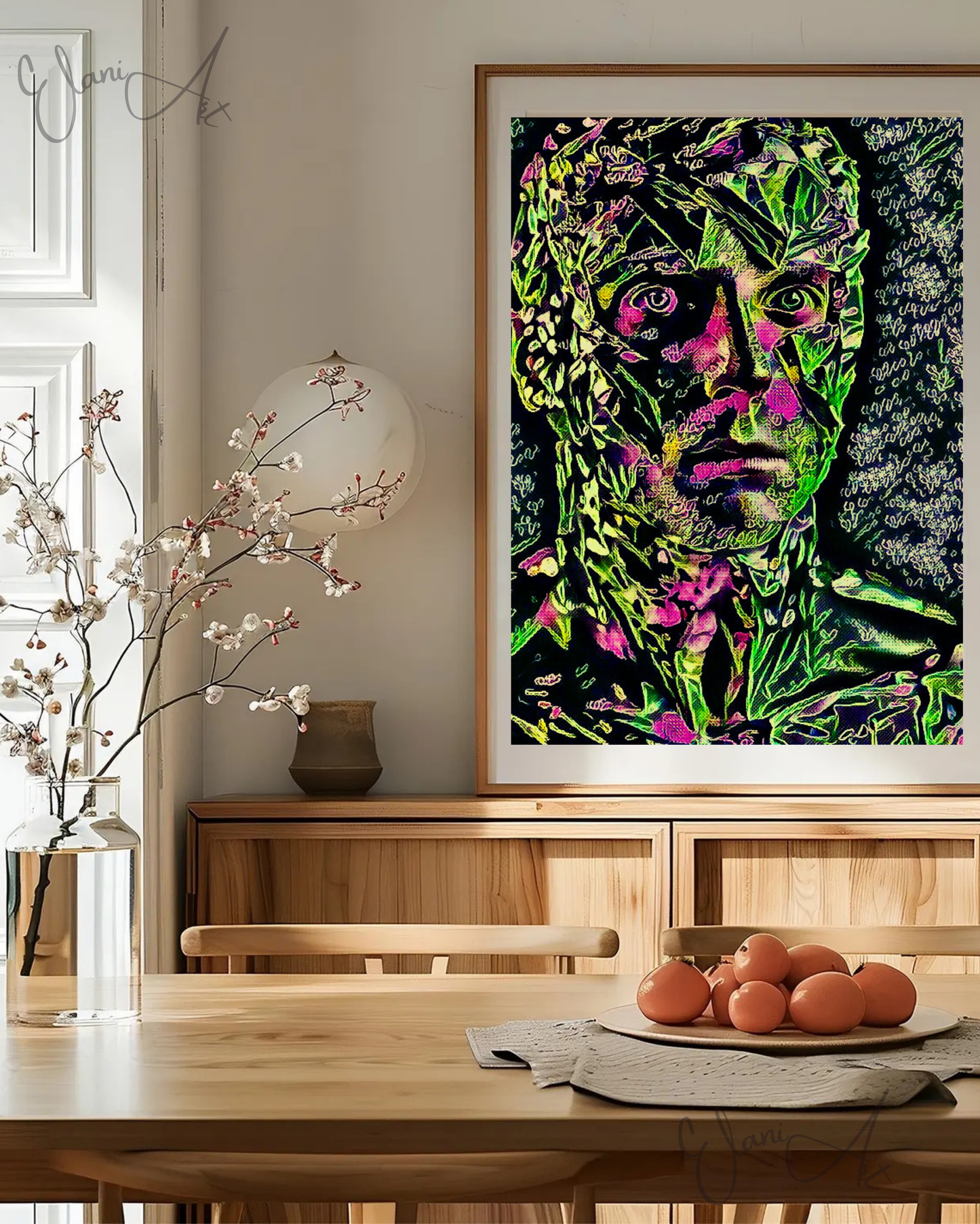 BOTANICAL MAN - An Original Vibrant Green Pink Man Foliage Nature Green Pink Eyes Portrait Impressionistic Wall Artwork Print by ElaniArt