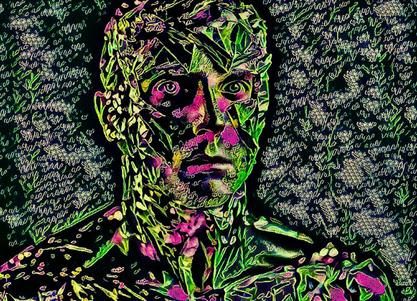 BOTANICAL MAN - An Original Vibrant Green Pink Man Foliage Nature Green Pink Eyes Portrait Impressionistic Wall Artwork Print by ElaniArt