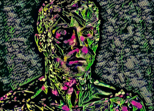 BOTANICAL MAN - An Original Vibrant Green Pink Man Foliage Nature Green Pink Eyes Portrait Impressionistic Wall Artwork Print by ElaniArt