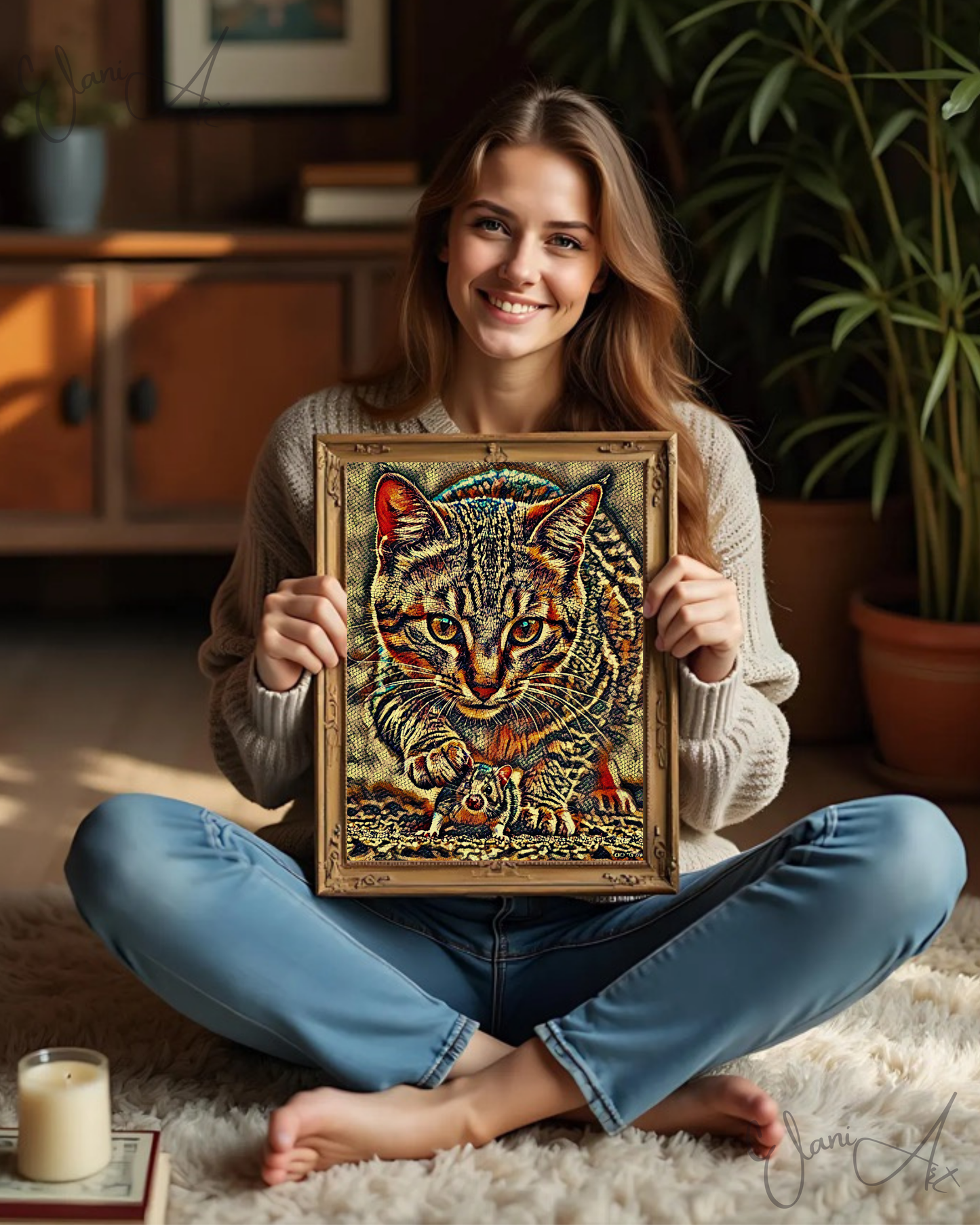 CAT AND MOUSE - An Original Brown Vibrant Cat Catching a Mouse Paws Mosaic Animal Portraiture Impressionistic Wall Artwork Print by ElaniArt