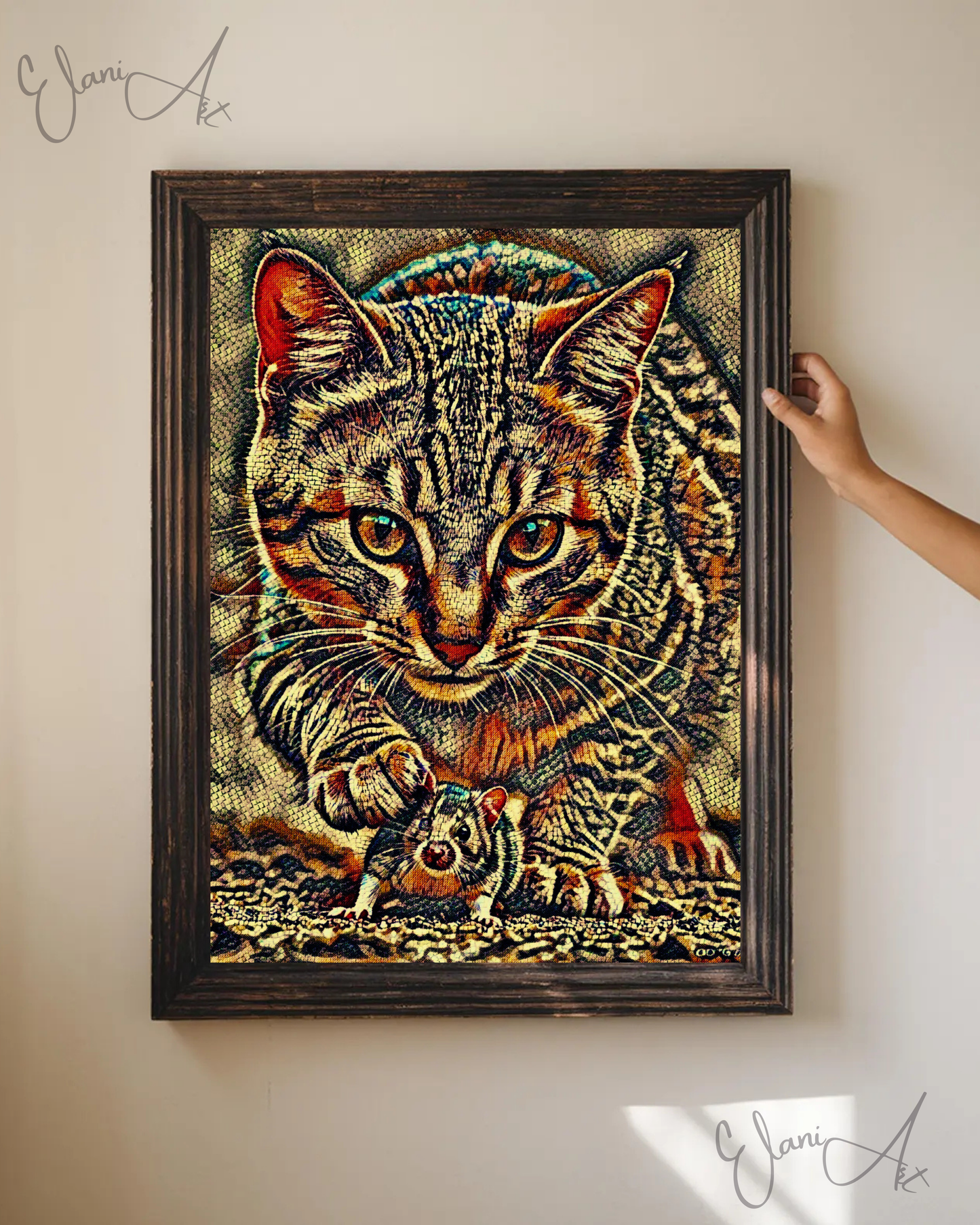 CAT AND MOUSE - An Original Brown Vibrant Cat Catching a Mouse Paws Mosaic Animal Portraiture Impressionistic Wall Artwork Print by ElaniArt