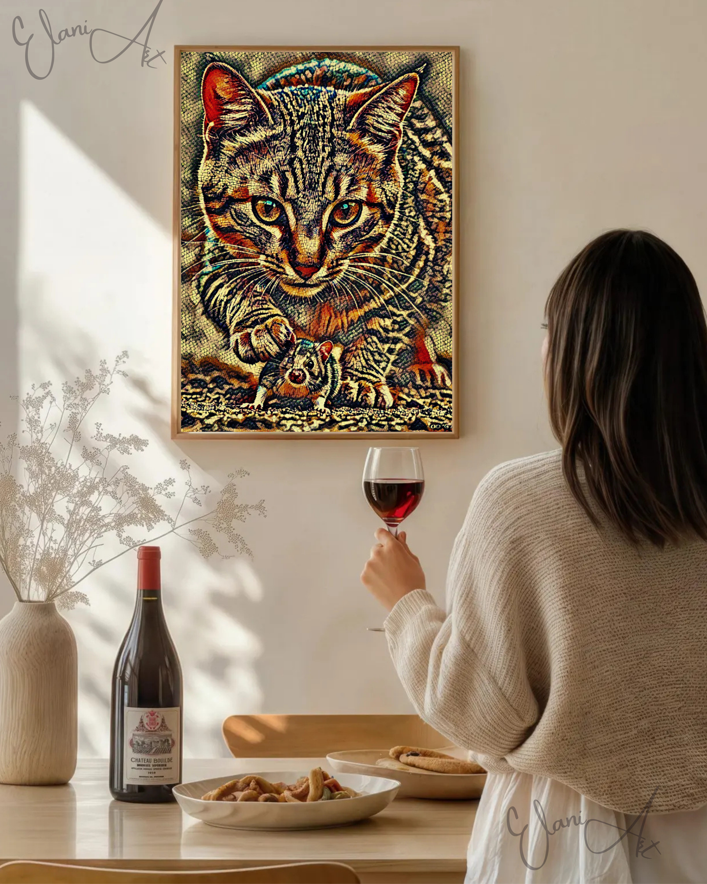 CAT AND MOUSE - An Original Brown Vibrant Cat Catching a Mouse Paws Mosaic Animal Portraiture Impressionistic Wall Artwork Print by ElaniArt