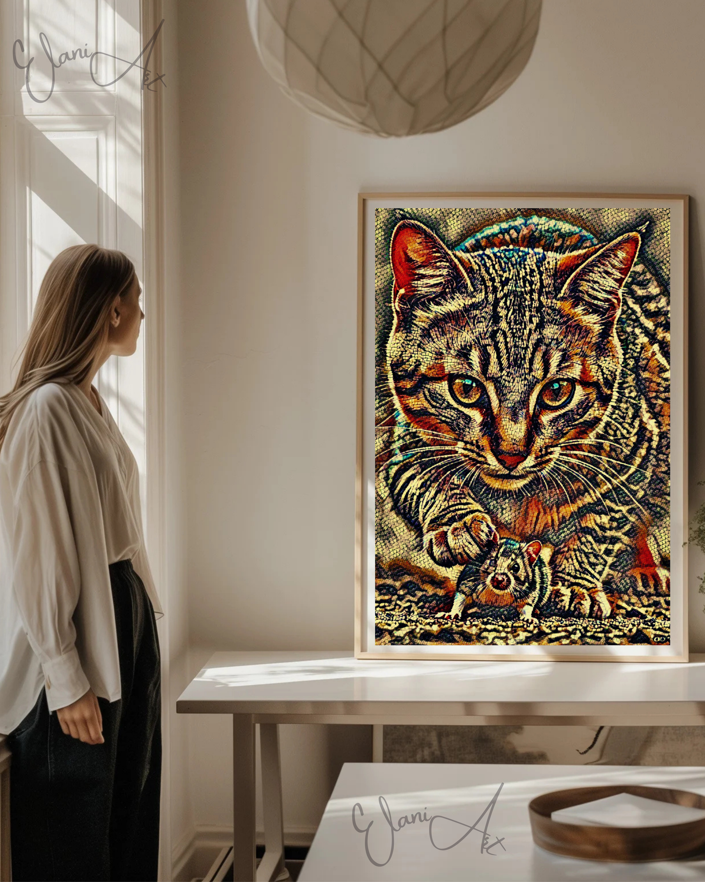 CAT AND MOUSE - An Original Brown Vibrant Cat Catching a Mouse Paws Mosaic Animal Portraiture Impressionistic Wall Artwork Print by ElaniArt