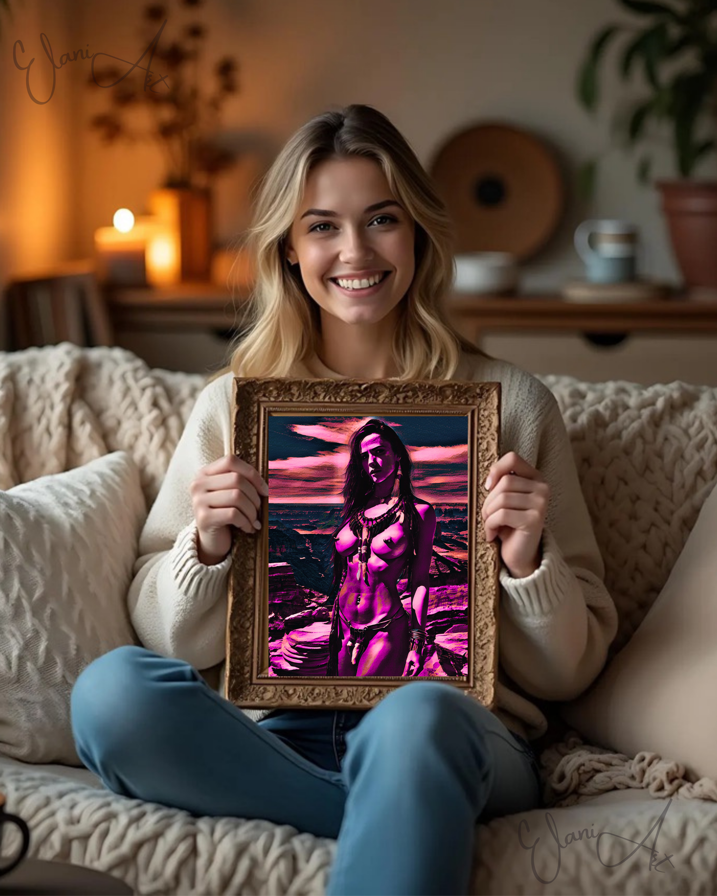 CHEYENNE - An Original Vivid Purple Erotic Native American Woman Nude Mountains Impressionistic Wall Artwork Print - Erotic Art by ElaniArt