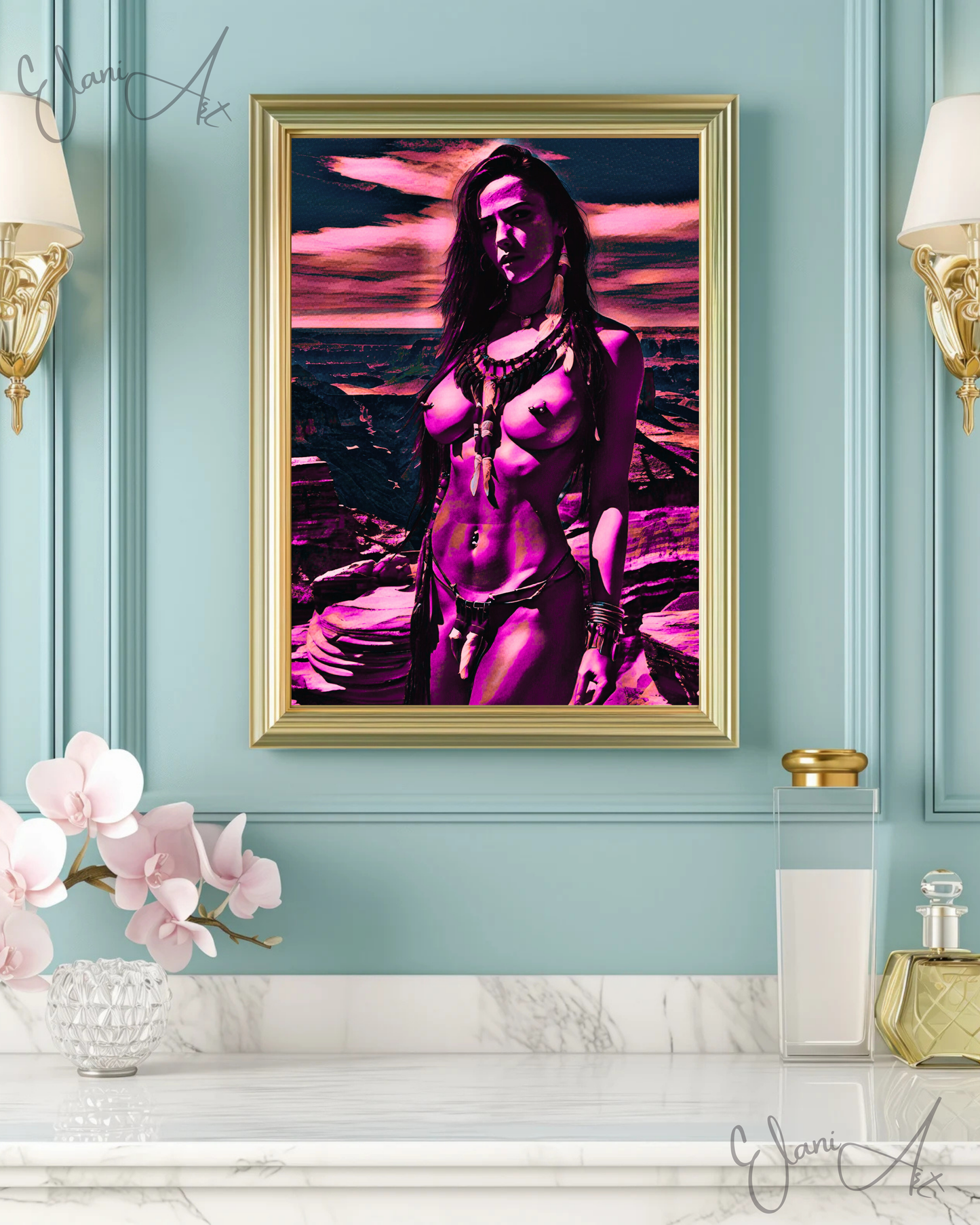 CHEYENNE - An Original Vivid Purple Erotic Native American Woman Nude Mountains Impressionistic Wall Artwork Print - Erotic Art by ElaniArt