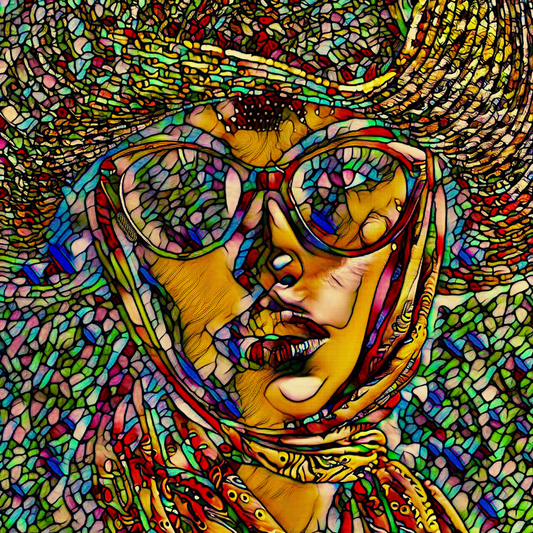 CONVERTIBLE WIND - An Original Vibrant Colorful Woman Wearing Sunglasses,Scarf & Hat Stained-Glass Impressionistic Artwork Print by ElaniArt