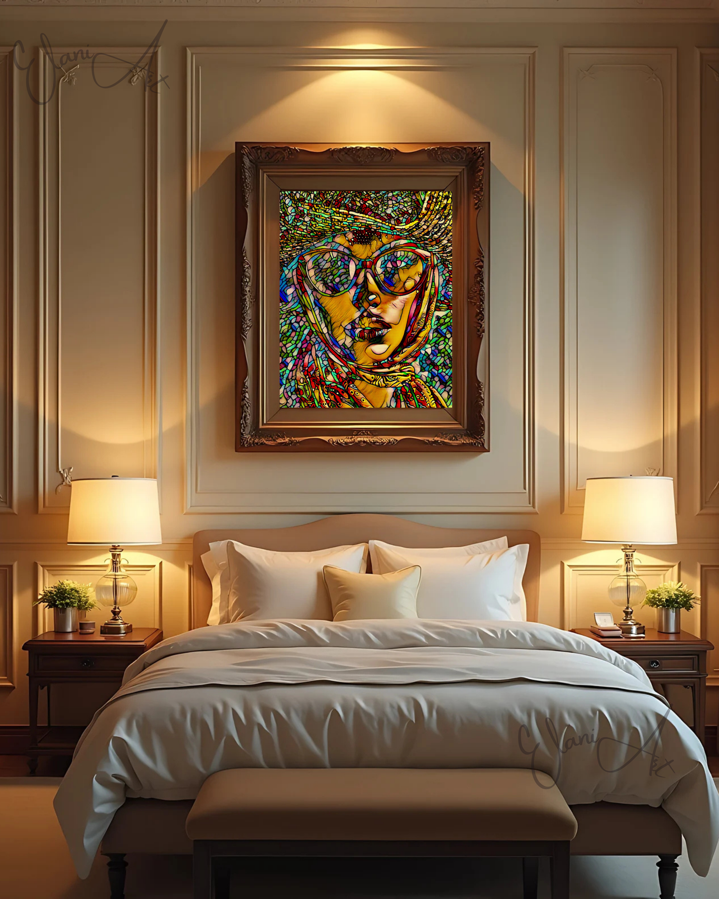 CONVERTIBLE WIND - An Original Vibrant Colorful Woman Wearing Sunglasses,Scarf & Hat Stained-Glass Impressionistic Artwork Print by ElaniArt