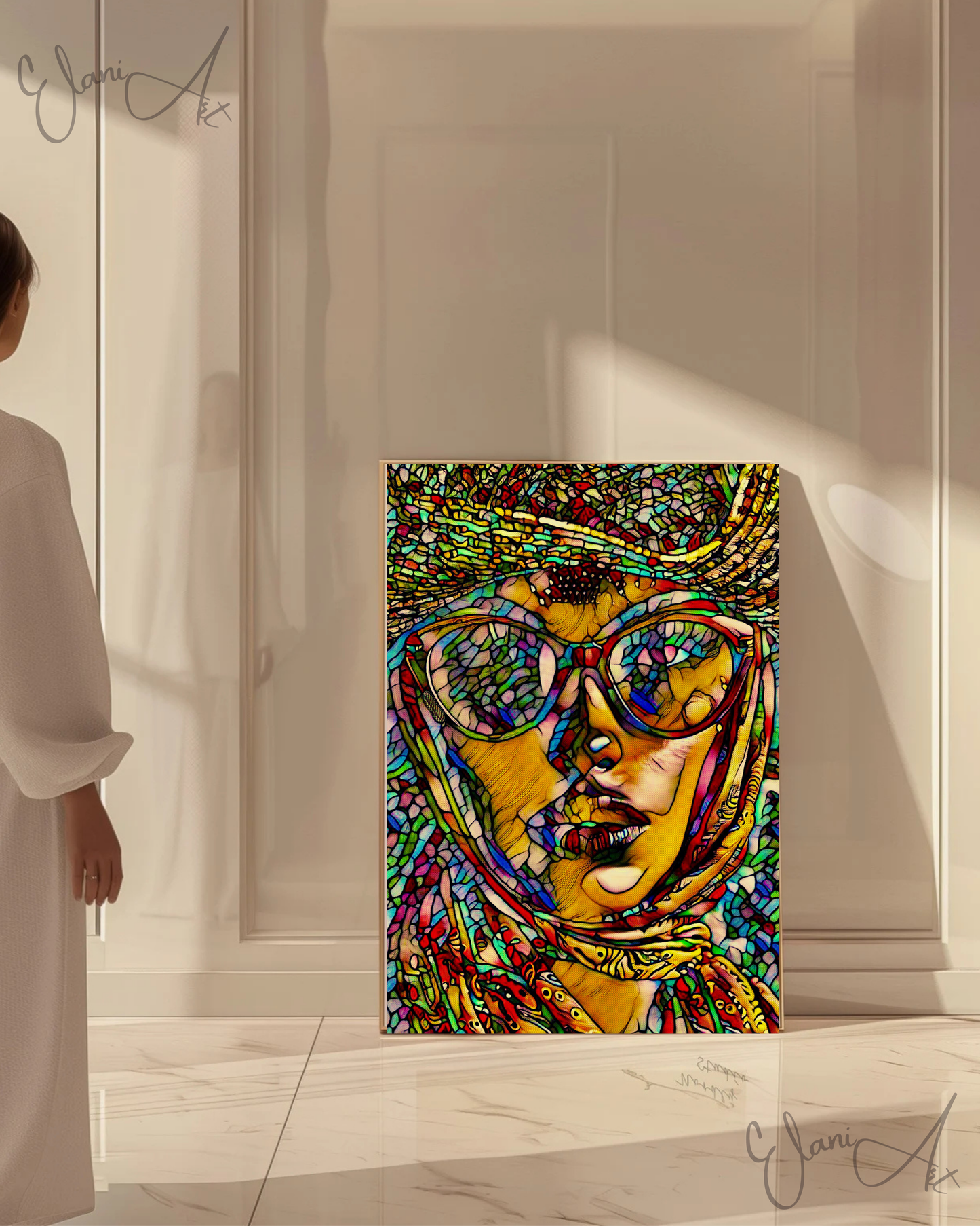 CONVERTIBLE WIND - An Original Vibrant Colorful Woman Wearing Sunglasses,Scarf & Hat Stained-Glass Impressionistic Artwork Print by ElaniArt