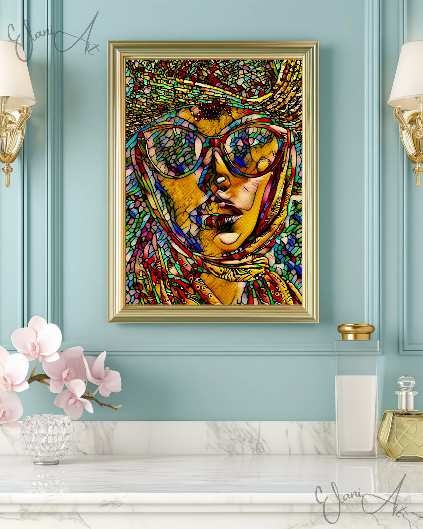 CONVERTIBLE WIND - An Original Vibrant Colorful Woman Wearing Sunglasses,Scarf & Hat Stained-Glass Impressionistic Artwork Print by ElaniArt