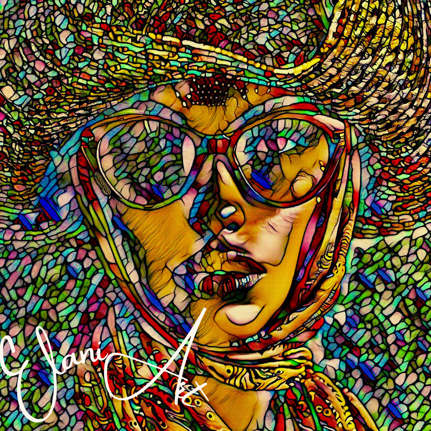 CONVERTIBLE WIND - An Original Vibrant Colorful Woman Wearing Sunglasses,Scarf & Hat Stained-Glass Impressionistic Artwork Print by ElaniArt