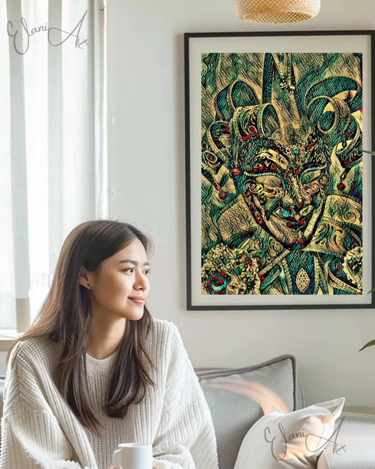 COURT JESTER - An Original Vibrant Colorful Blue Court Jester's Jeweled Mask Red Lips Cap Bells Impressionistic Artwork Print by ElaniArt