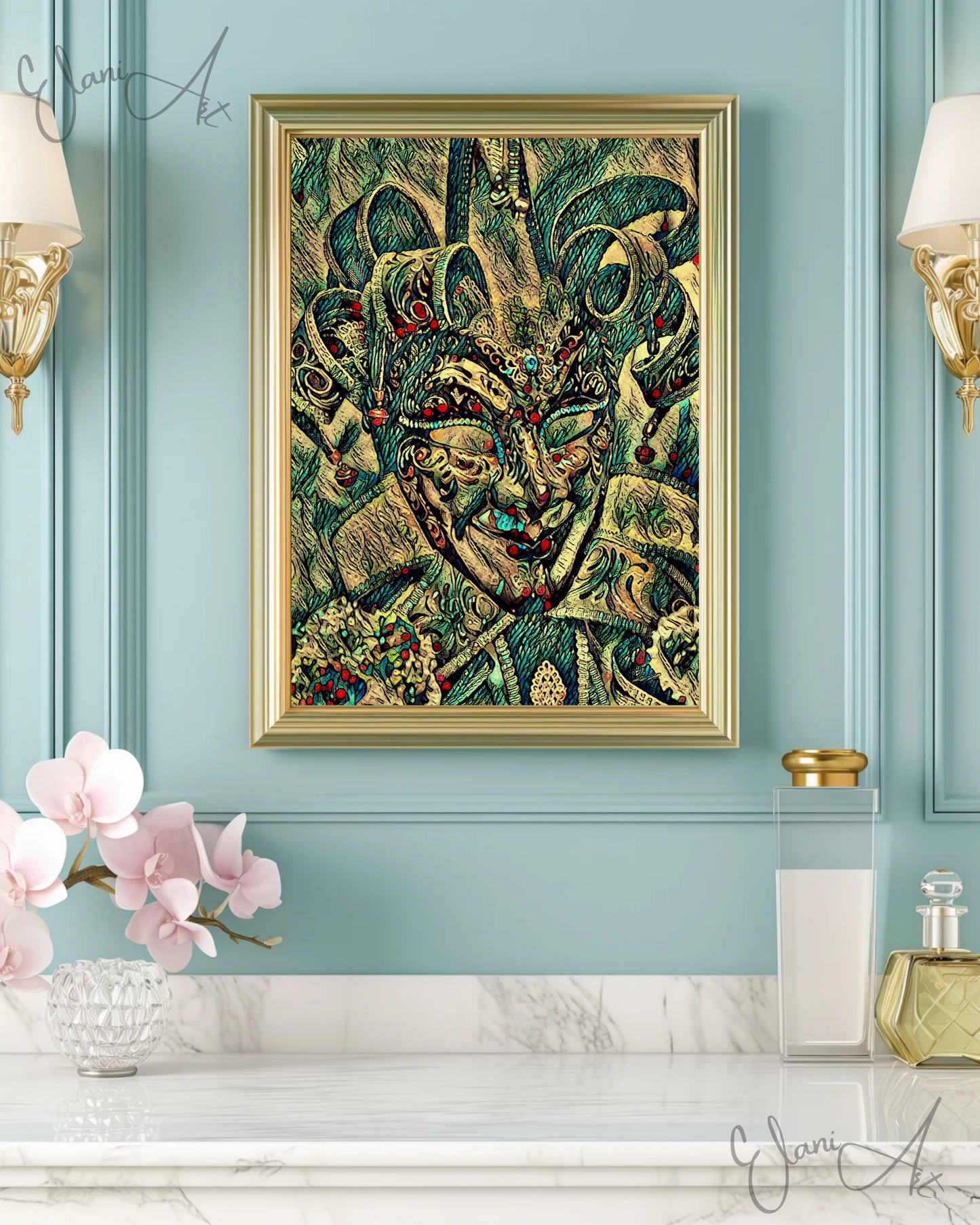 COURT JESTER - An Original Vibrant Colorful Blue Court Jester's Jeweled Mask Red Lips Cap Bells Impressionistic Artwork Print by ElaniArt