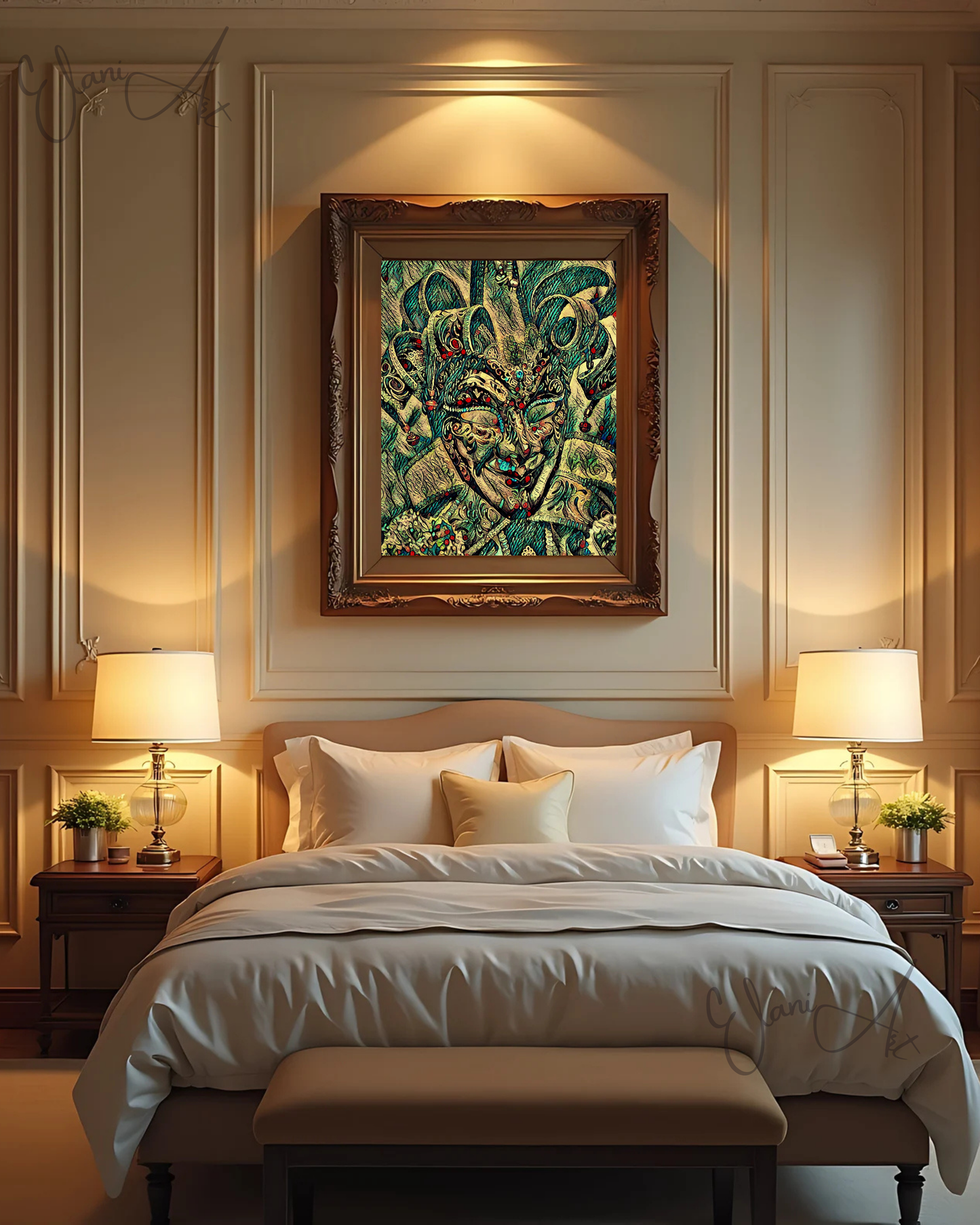 COURT JESTER - An Original Vibrant Colorful Blue Court Jester's Jeweled Mask Red Lips Cap Bells Impressionistic Artwork Print by ElaniArt