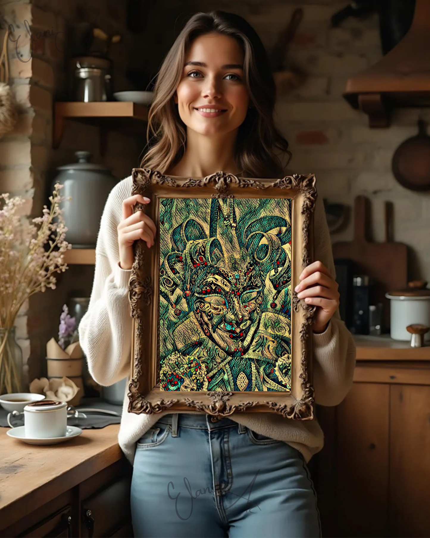 COURT JESTER - An Original Vibrant Colorful Blue Court Jester's Jeweled Mask Red Lips Cap Bells Impressionistic Artwork Print by ElaniArt