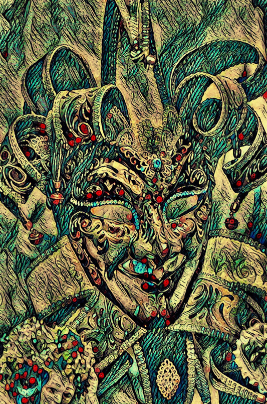 COURT JESTER - An Original Vibrant Colorful Blue Court Jester's Jeweled Mask Red Lips Cap Bells Impressionistic Artwork Print by ElaniArt