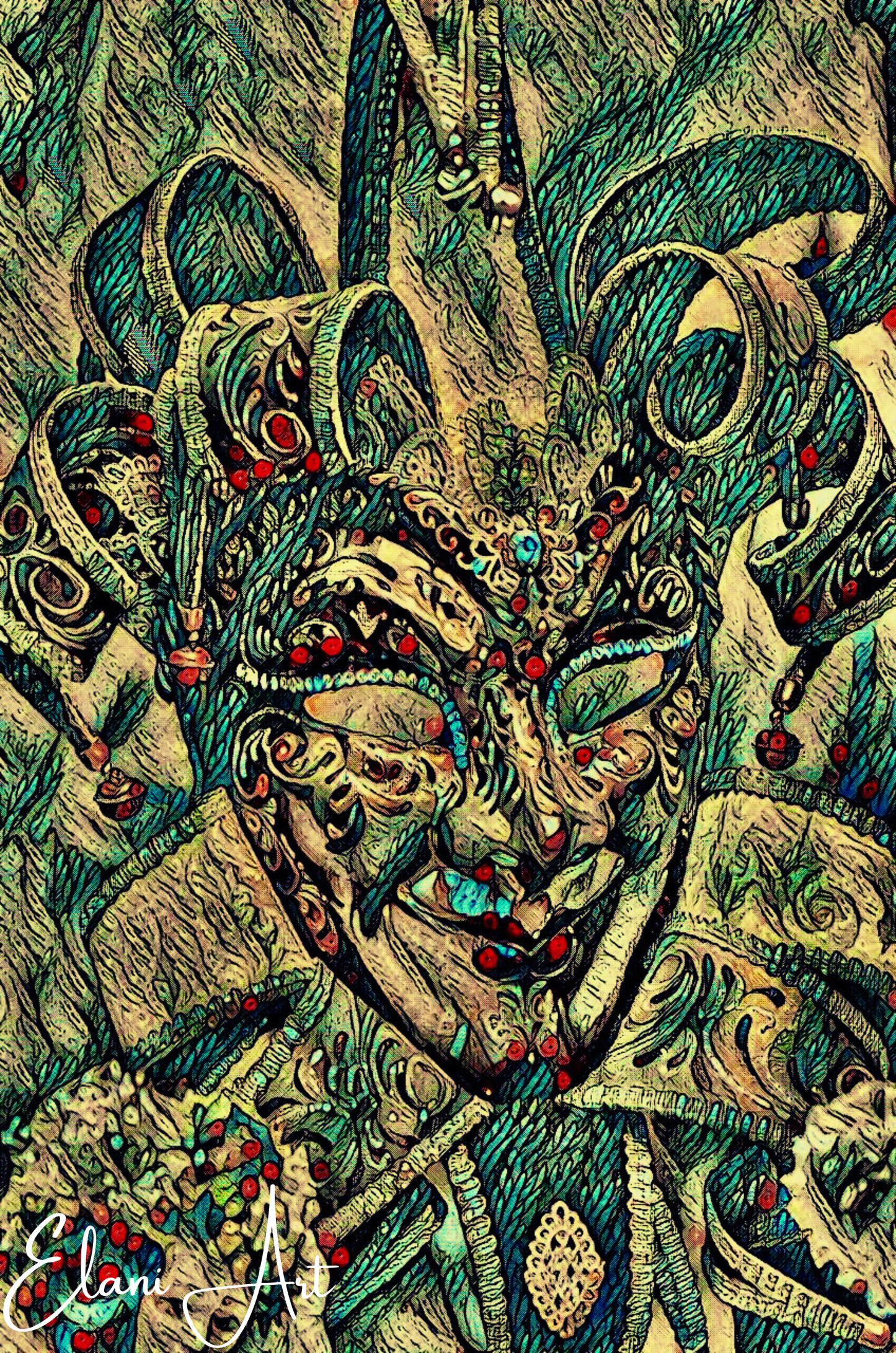 COURT JESTER - An Original Vibrant Colorful Blue Court Jester's Jeweled Mask Red Lips Cap Bells Impressionistic Artwork Print by ElaniArt