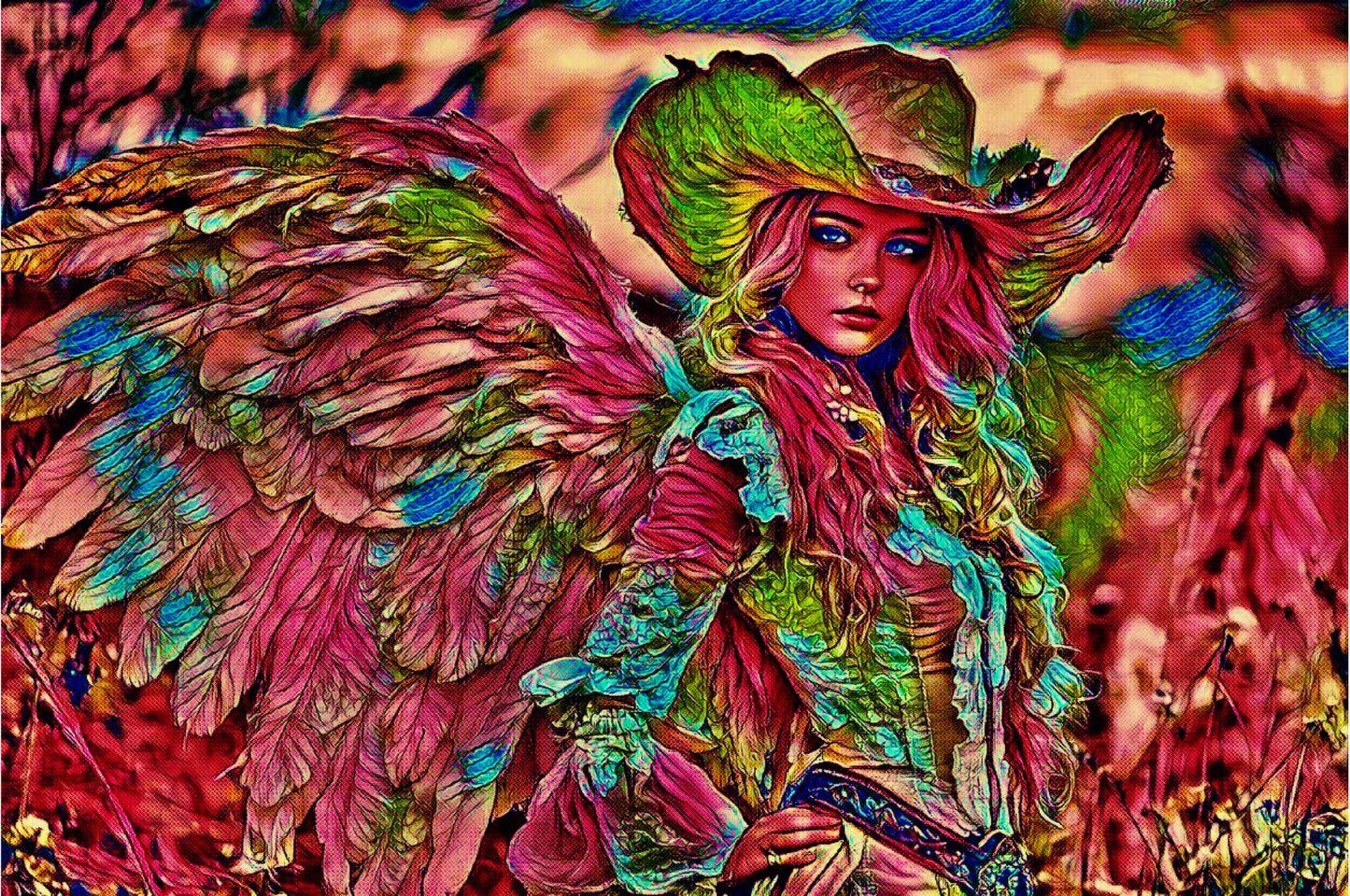 COWGIRL ANGEL - An Original Vibrant Pink Cowgirl Feathered Angel with Wings Hat Mythical Fantasy Impressionistic Artwork Print by ElaniArt