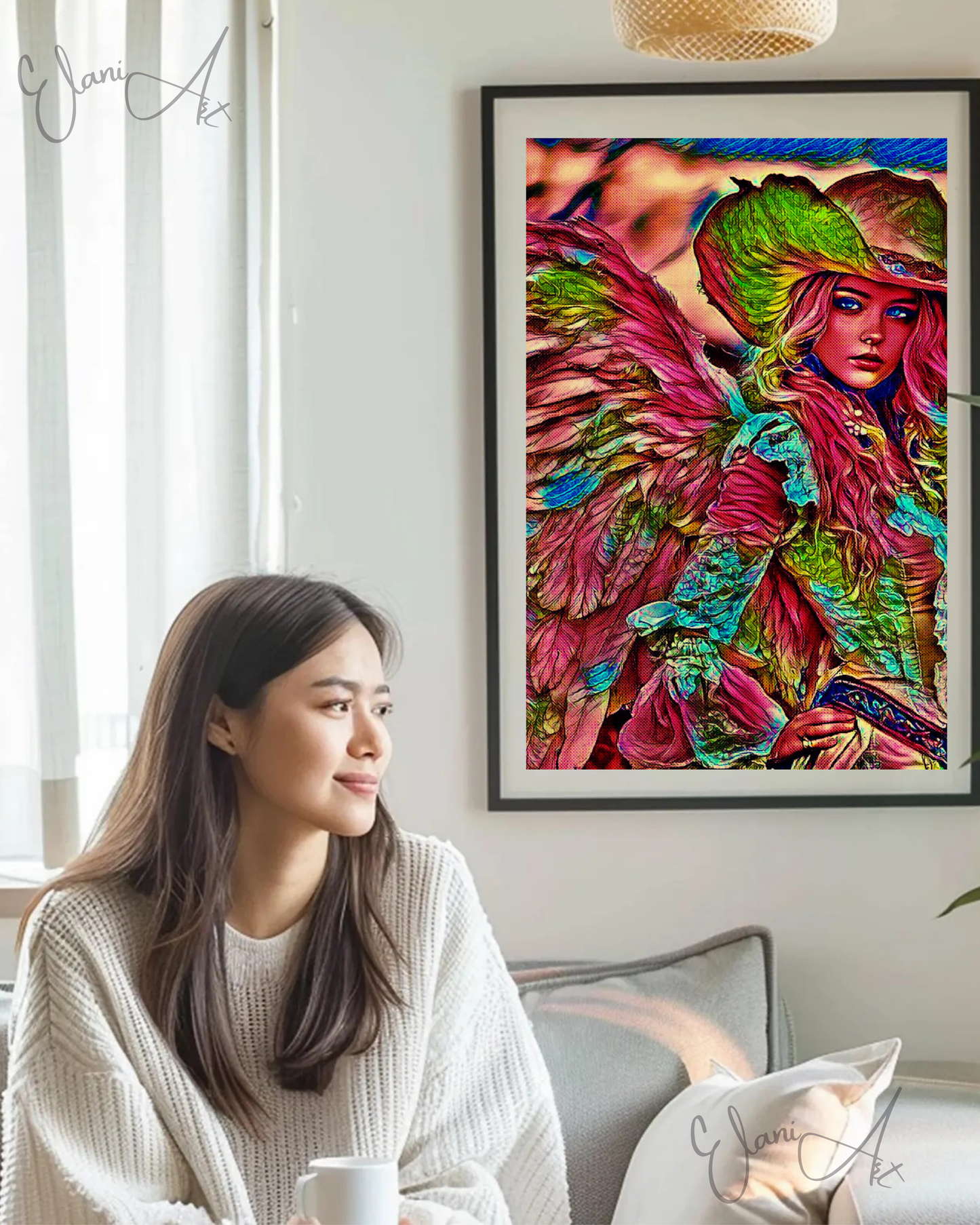 COWGIRL ANGEL - An Original Vibrant Pink Cowgirl Feathered Angel with Wings Hat Mythical Fantasy Impressionistic Artwork Print by ElaniArt