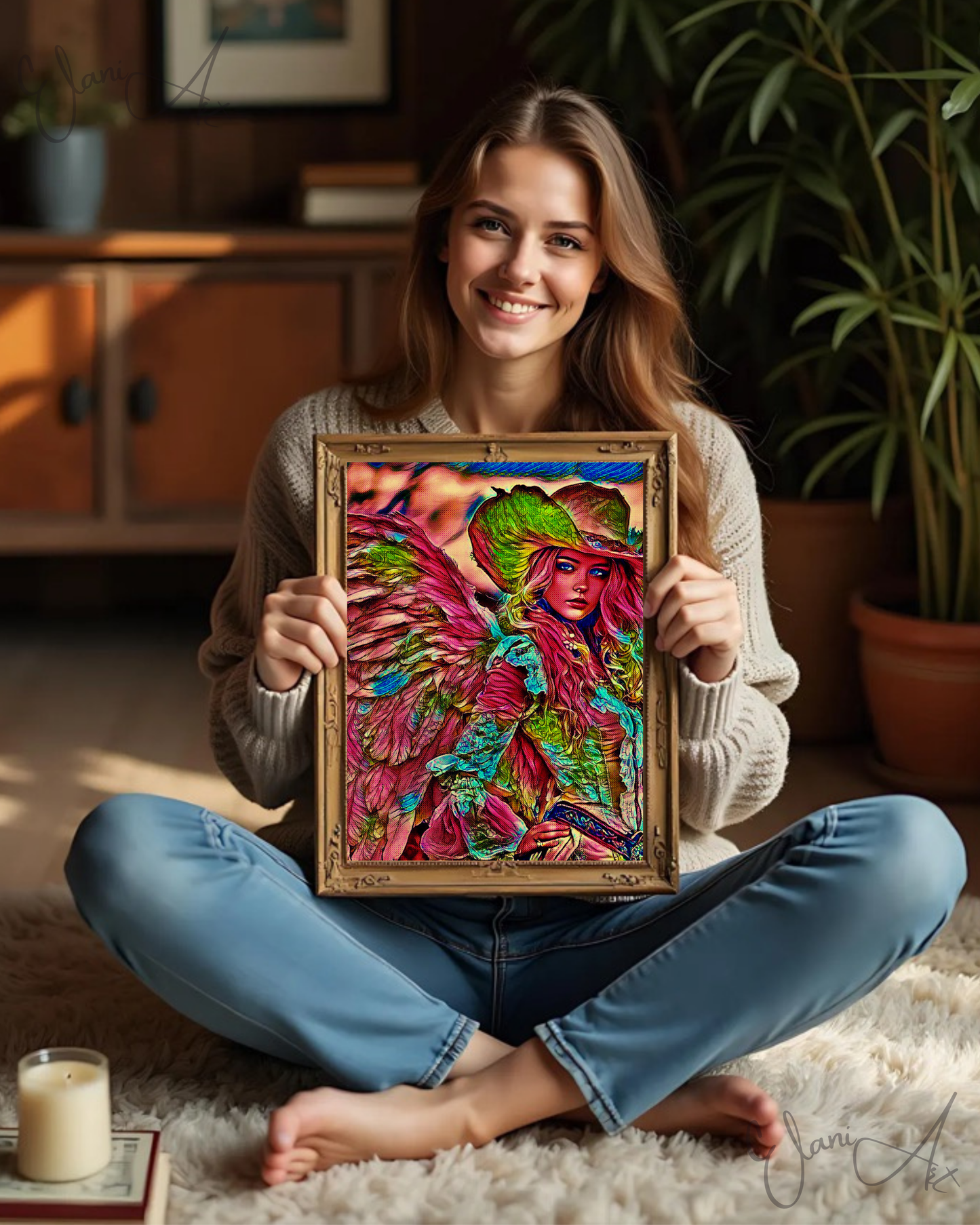 COWGIRL ANGEL - An Original Vibrant Pink Cowgirl Feathered Angel with Wings Hat Mythical Fantasy Impressionistic Artwork Print by ElaniArt