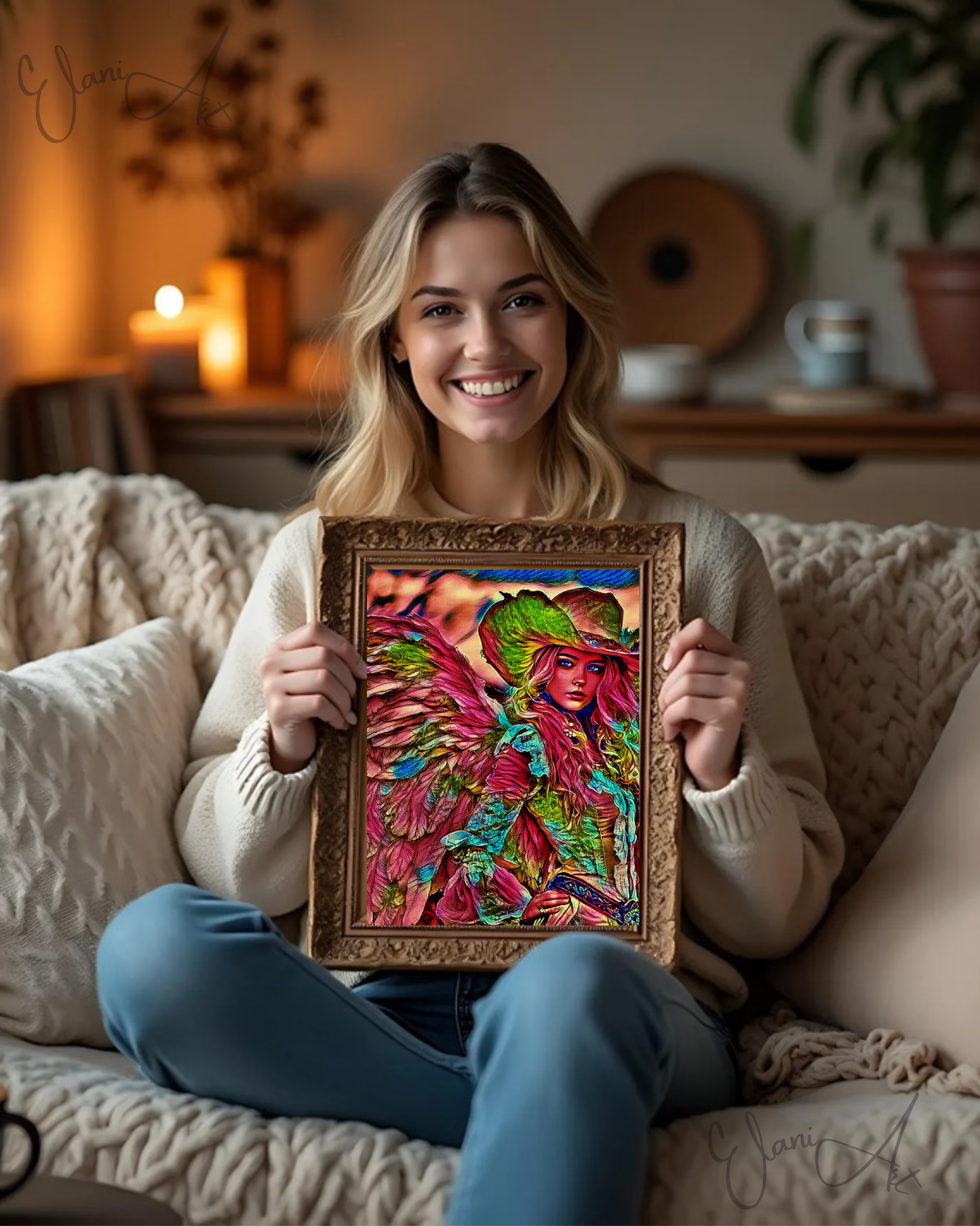 COWGIRL ANGEL - An Original Vibrant Pink Cowgirl Feathered Angel with Wings Hat Mythical Fantasy Impressionistic Artwork Print by ElaniArt