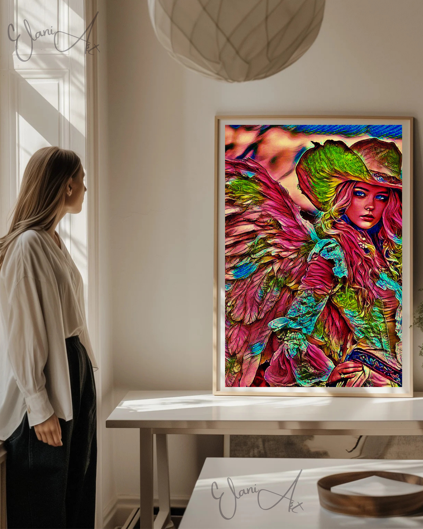 COWGIRL ANGEL - An Original Vibrant Pink Cowgirl Feathered Angel with Wings Hat Mythical Fantasy Impressionistic Artwork Print by ElaniArt