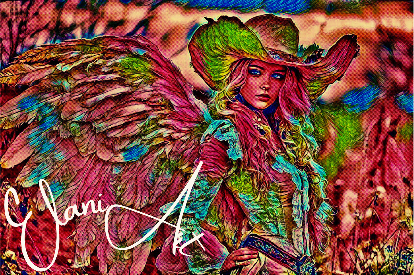 COWGIRL ANGEL - An Original Vibrant Pink Cowgirl Feathered Angel with Wings Hat Mythical Fantasy Impressionistic Artwork Print by ElaniArt