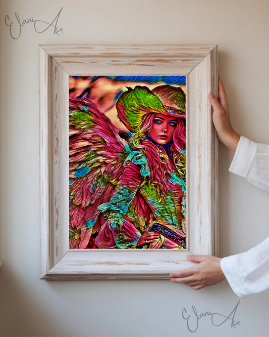 COWGIRL ANGEL - An Original Vibrant Pink Cowgirl Feathered Angel with Wings Hat Mythical Fantasy Impressionistic Artwork Print by ElaniArt