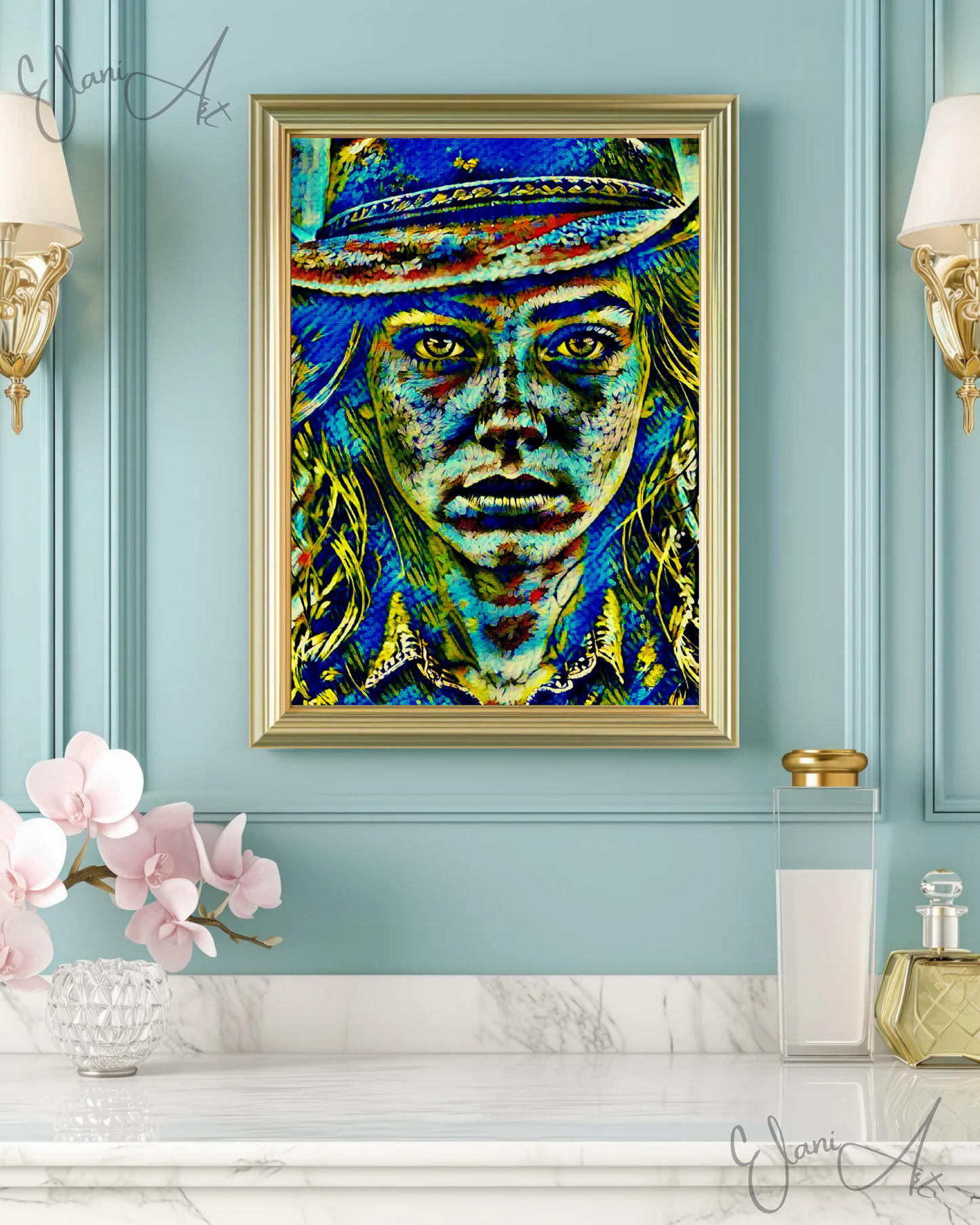 COWGIRL STARE - An Original Vibrant Blue Green Cowgirl Woman Western Cowboy Hat Freckles Portrait Impressionistic Artwork Print by ElaniArt