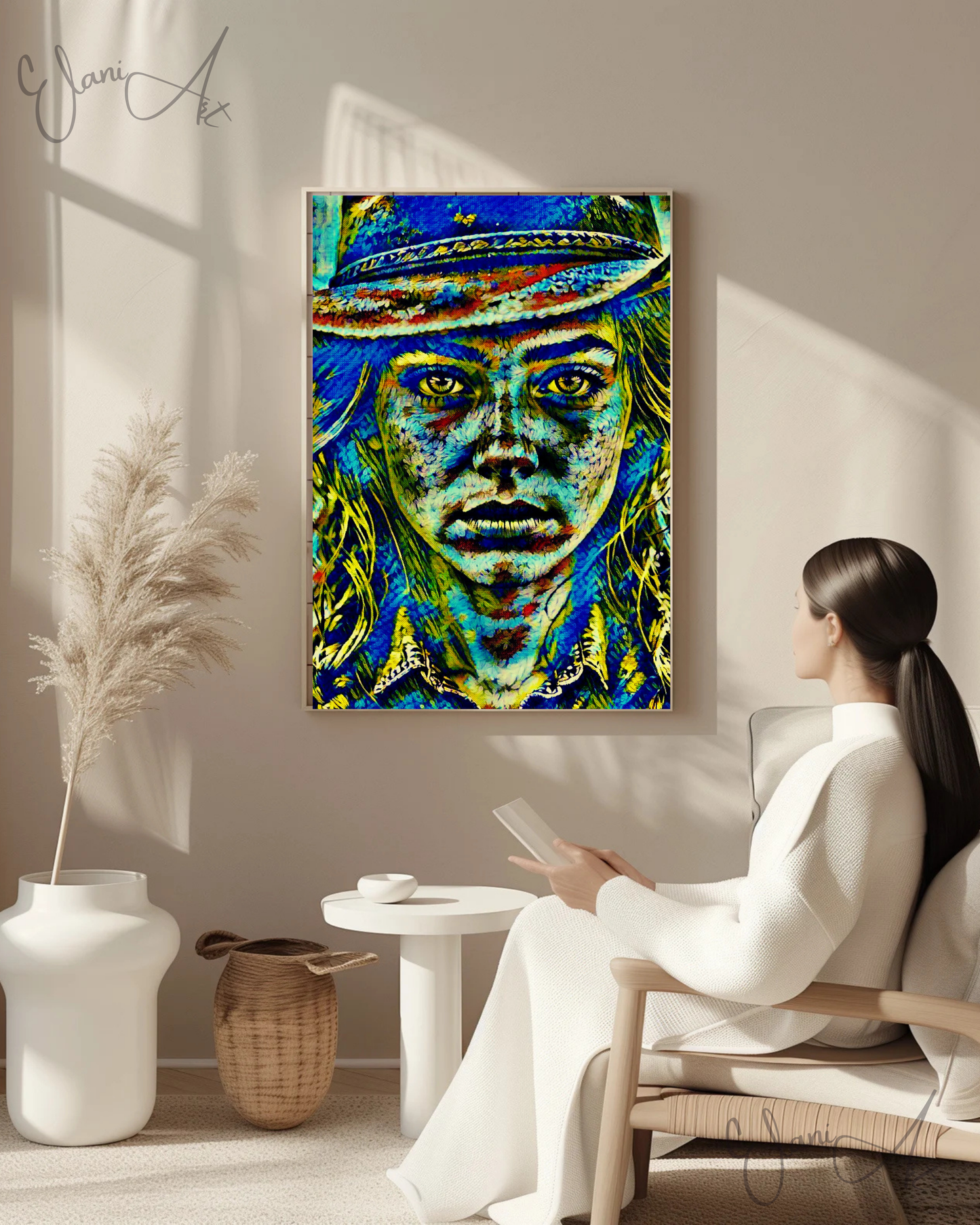 COWGIRL STARE - An Original Vibrant Blue Green Cowgirl Woman Western Cowboy Hat Freckles Portrait Impressionistic Artwork Print by ElaniArt