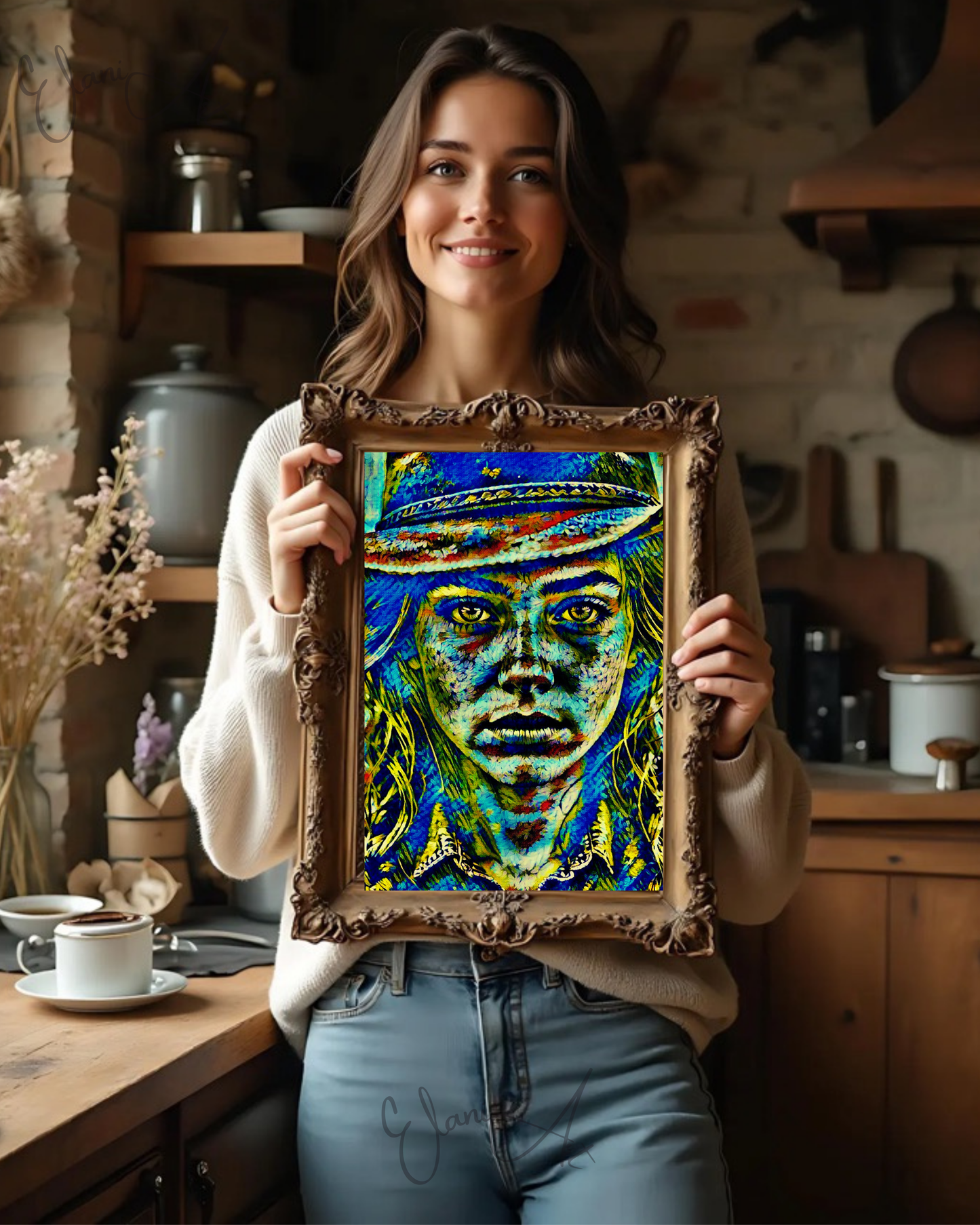 COWGIRL STARE - An Original Vibrant Blue Green Cowgirl Woman Western Cowboy Hat Freckles Portrait Impressionistic Artwork Print by ElaniArt