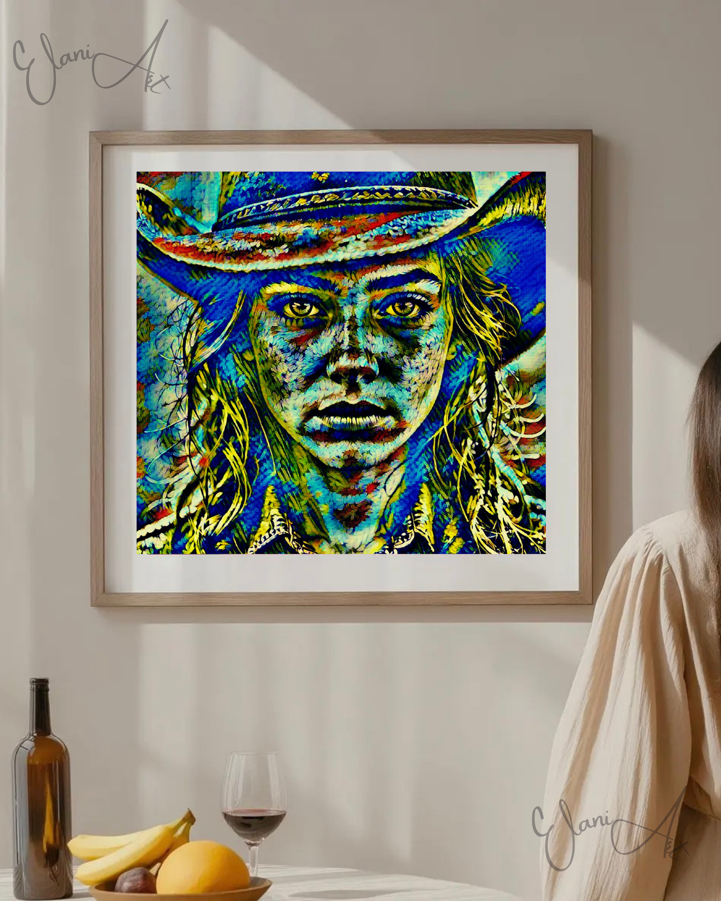 COWGIRL STARE - An Original Vibrant Blue Green Cowgirl Woman Western Cowboy Hat Freckles Portrait Impressionistic Artwork Print by ElaniArt