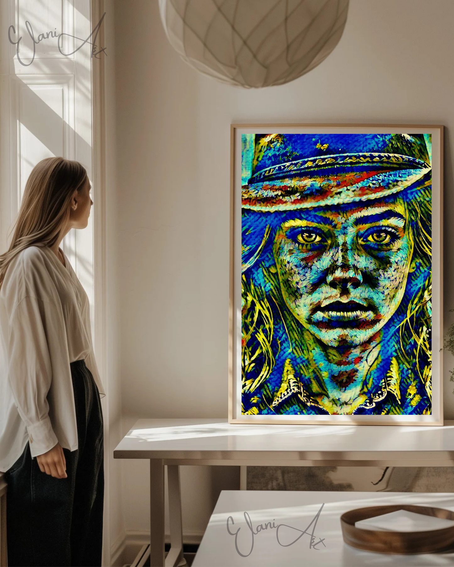 COWGIRL STARE - An Original Vibrant Blue Green Cowgirl Woman Western Cowboy Hat Freckles Portrait Impressionistic Artwork Print by ElaniArt