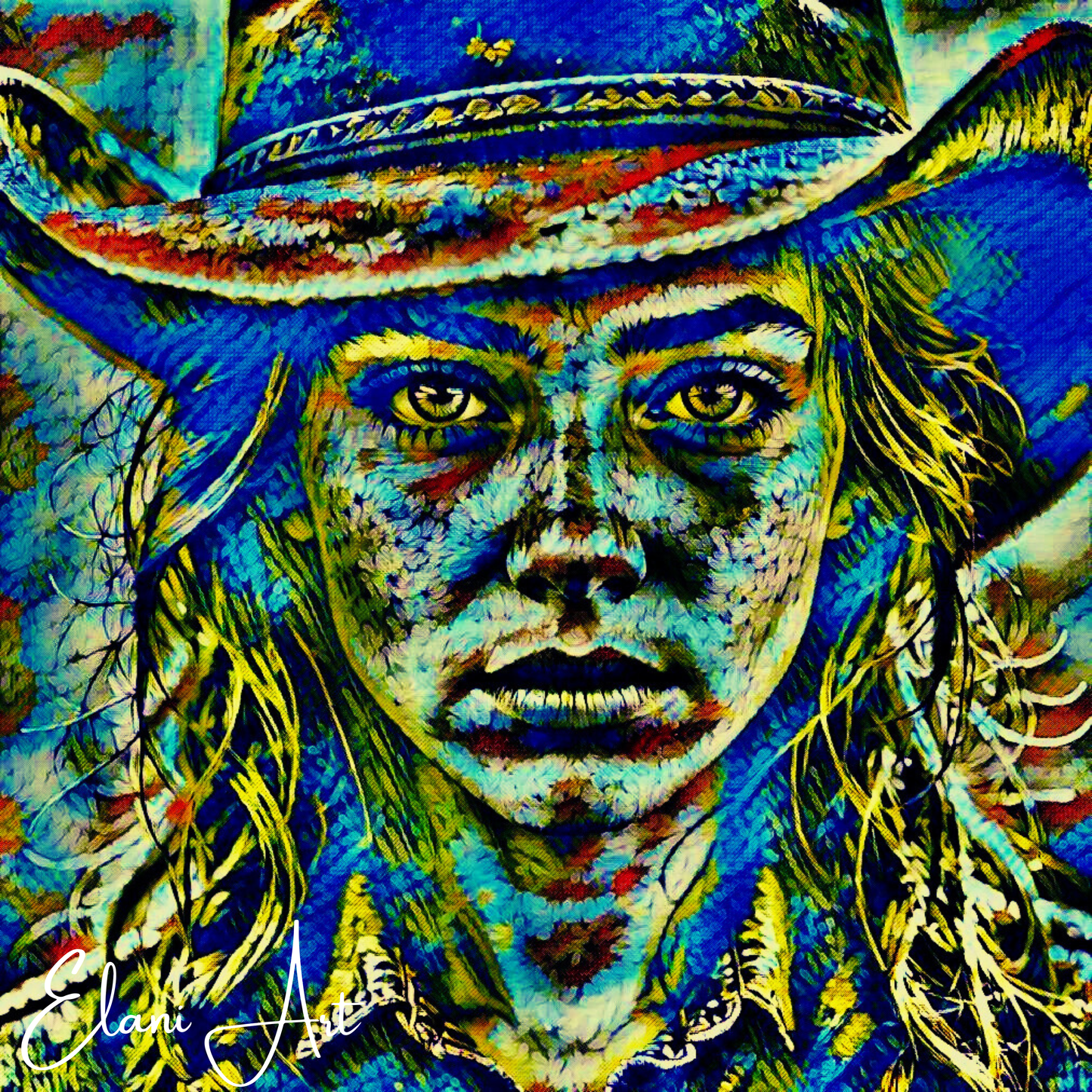 COWGIRL STARE - An Original Vibrant Blue Green Cowgirl Woman Western Cowboy Hat Freckles Portrait Impressionistic Artwork Print by ElaniArt