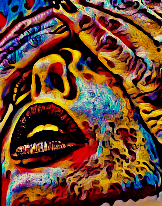 DON'T LOOK - An Original Vibrant Red Blue Colorful Hands Over a Woman's Eyes Lipstick Open-Mouth Impressionistic Artwork Print by ElaniArt