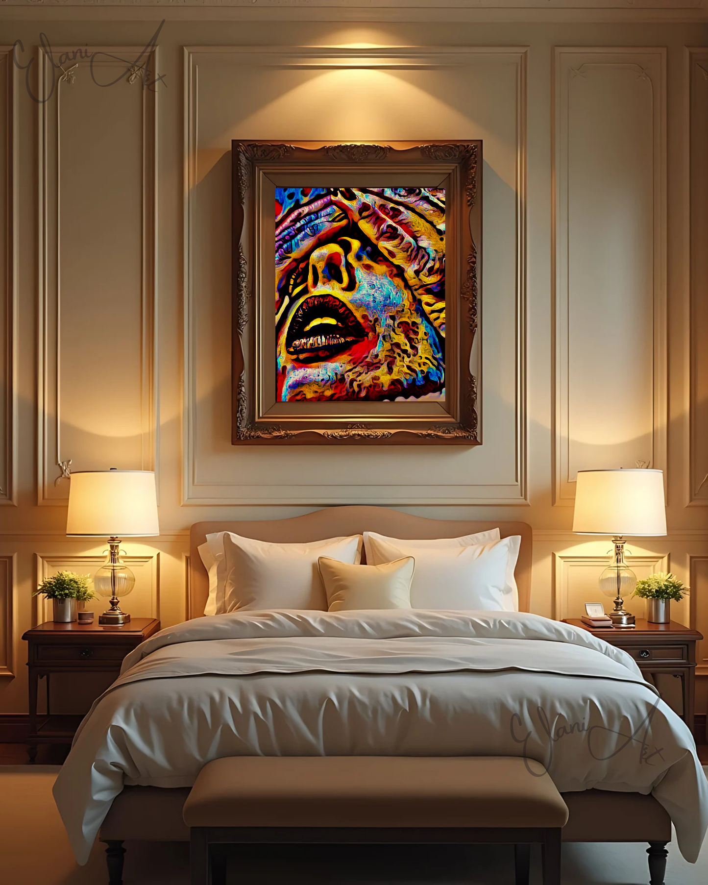DON'T LOOK - An Original Vibrant Red Blue Colorful Hands Over a Woman's Eyes Lipstick Open-Mouth Impressionistic Artwork Print by ElaniArt