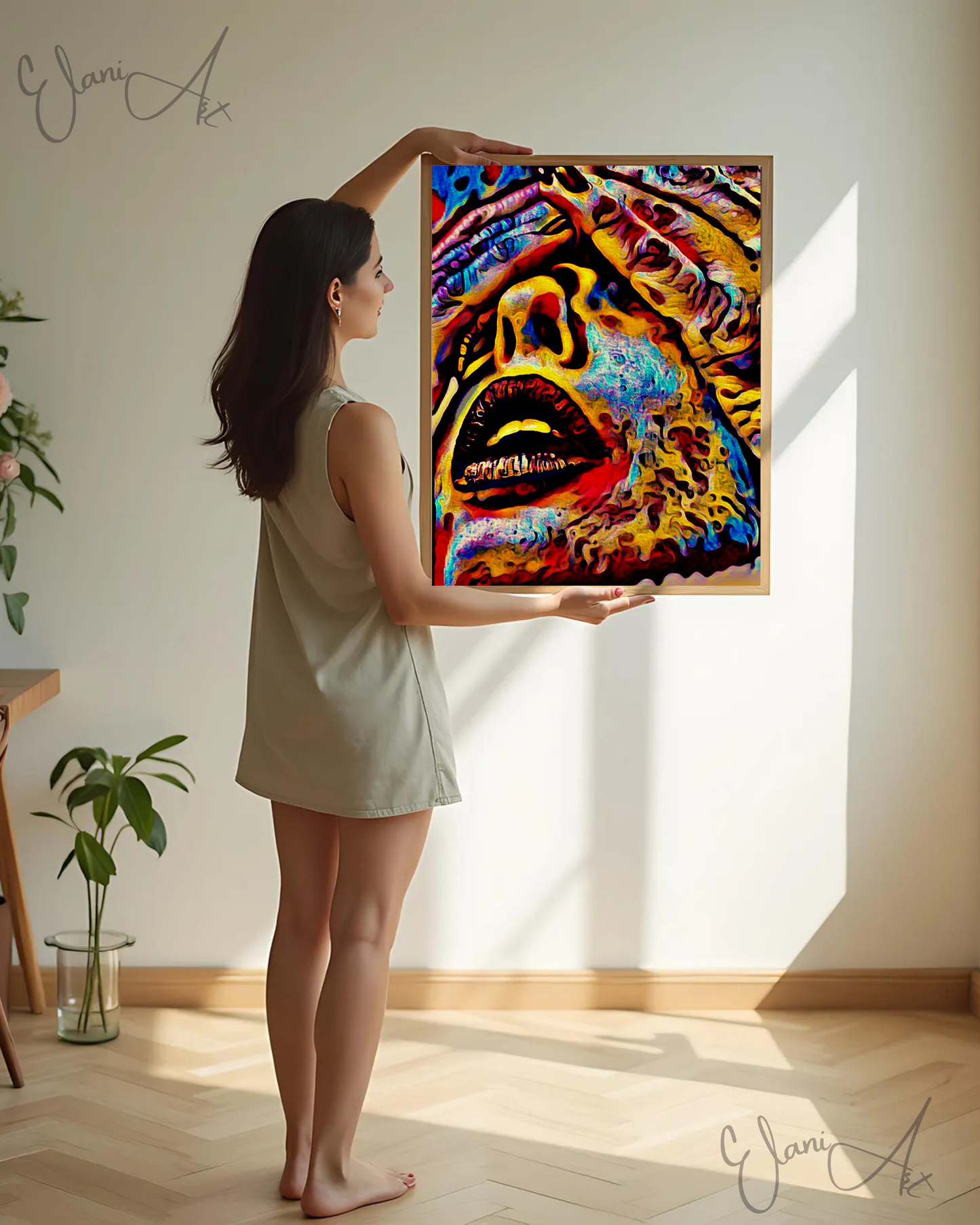 DON'T LOOK - An Original Vibrant Red Blue Colorful Hands Over a Woman's Eyes Lipstick Open-Mouth Impressionistic Artwork Print by ElaniArt