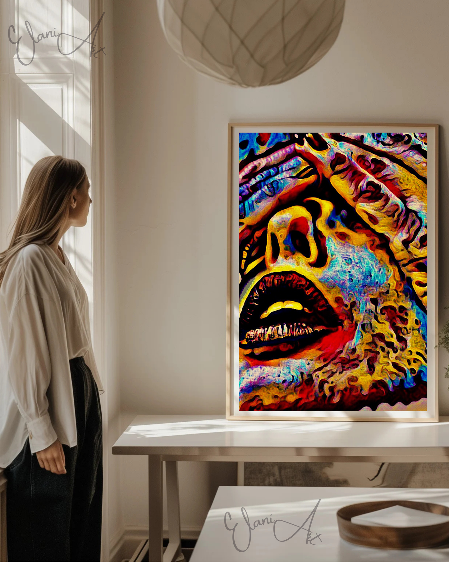 DON'T LOOK - An Original Vibrant Red Blue Colorful Hands Over a Woman's Eyes Lipstick Open-Mouth Impressionistic Artwork Print by ElaniArt