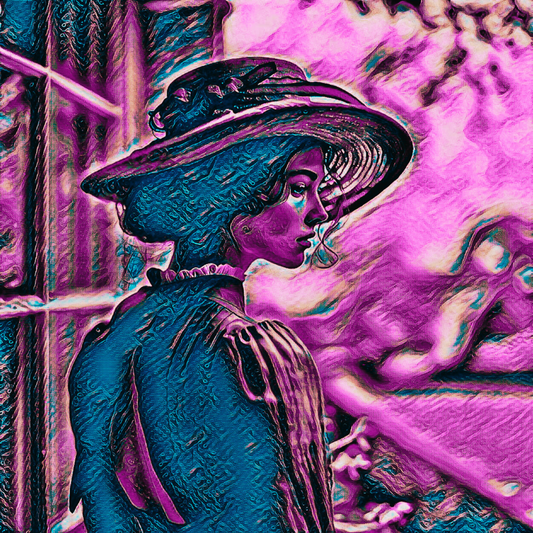 DON'T LOOK BACK - An Original Vibrant Purple Blue Portrait of a Woman Profile Vintage Hat & Dress  Impressionistic Artwork Print by ElaniArt