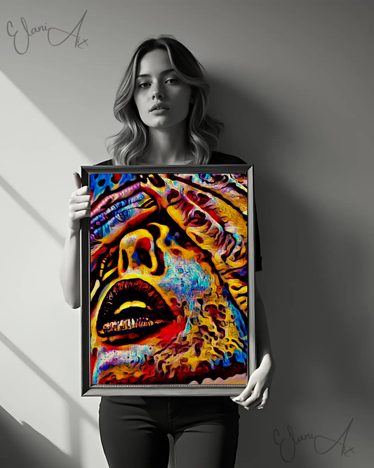 DON'T LOOK - An Original Vibrant Red Blue Colorful Hands Over a Woman's Eyes Lipstick Open-Mouth Impressionistic Artwork Print by ElaniArt