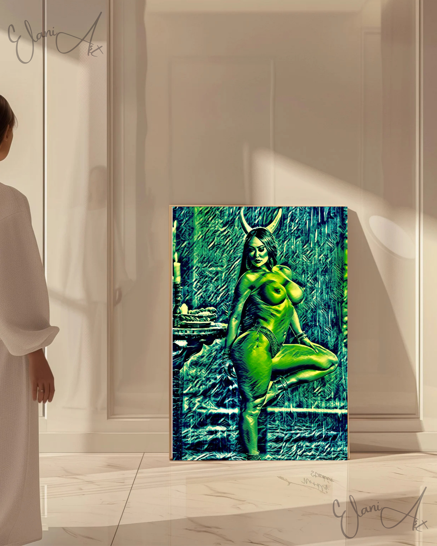 EAGER HORNS - An Original Vibrant Green Erotic Nude Woman with Horns Standing on One Leg Portrait Impressionistic Artwork Print by ElaniArt