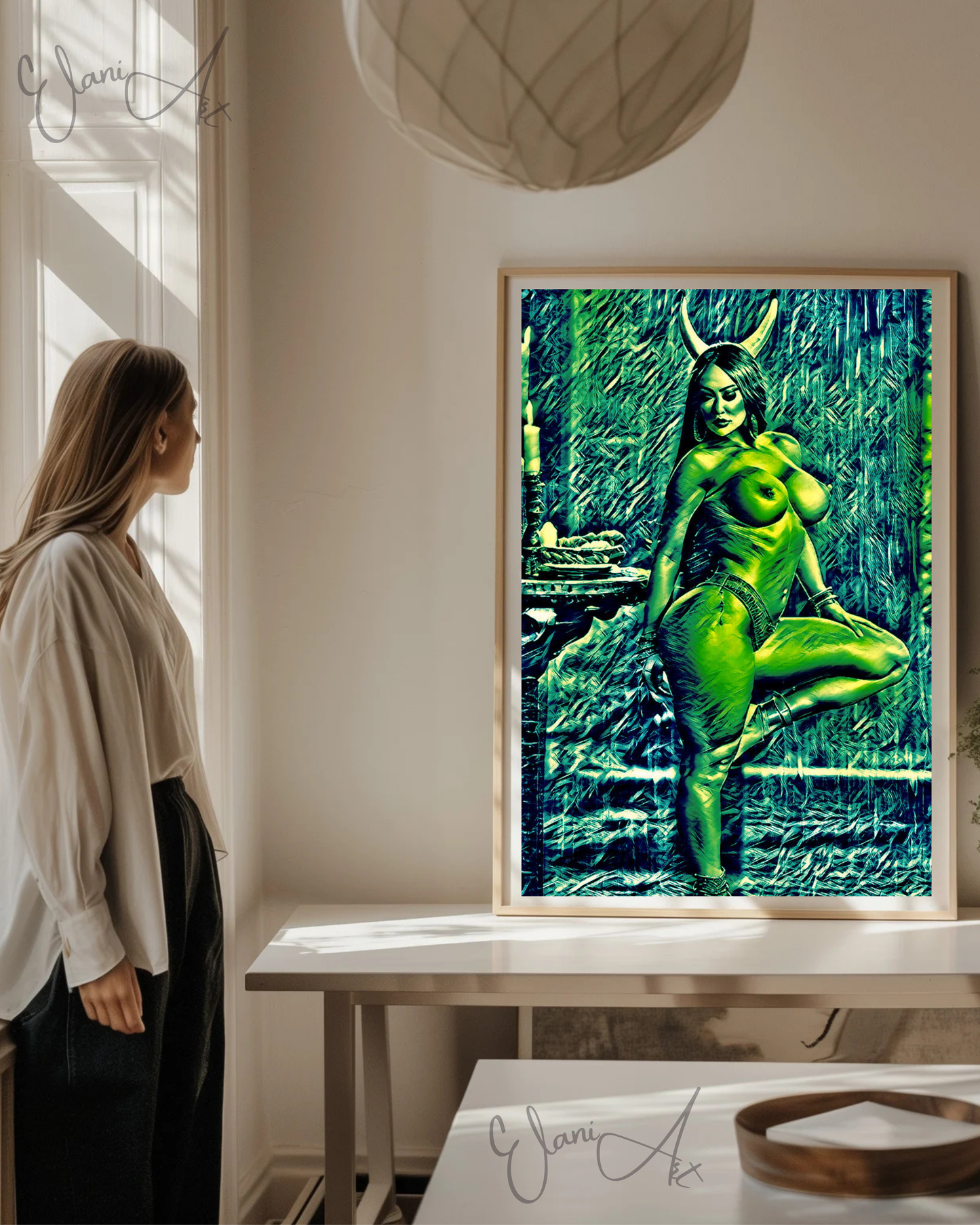 EAGER HORNS - An Original Vibrant Green Erotic Nude Woman with Horns Standing on One Leg Portrait Impressionistic Artwork Print by ElaniArt