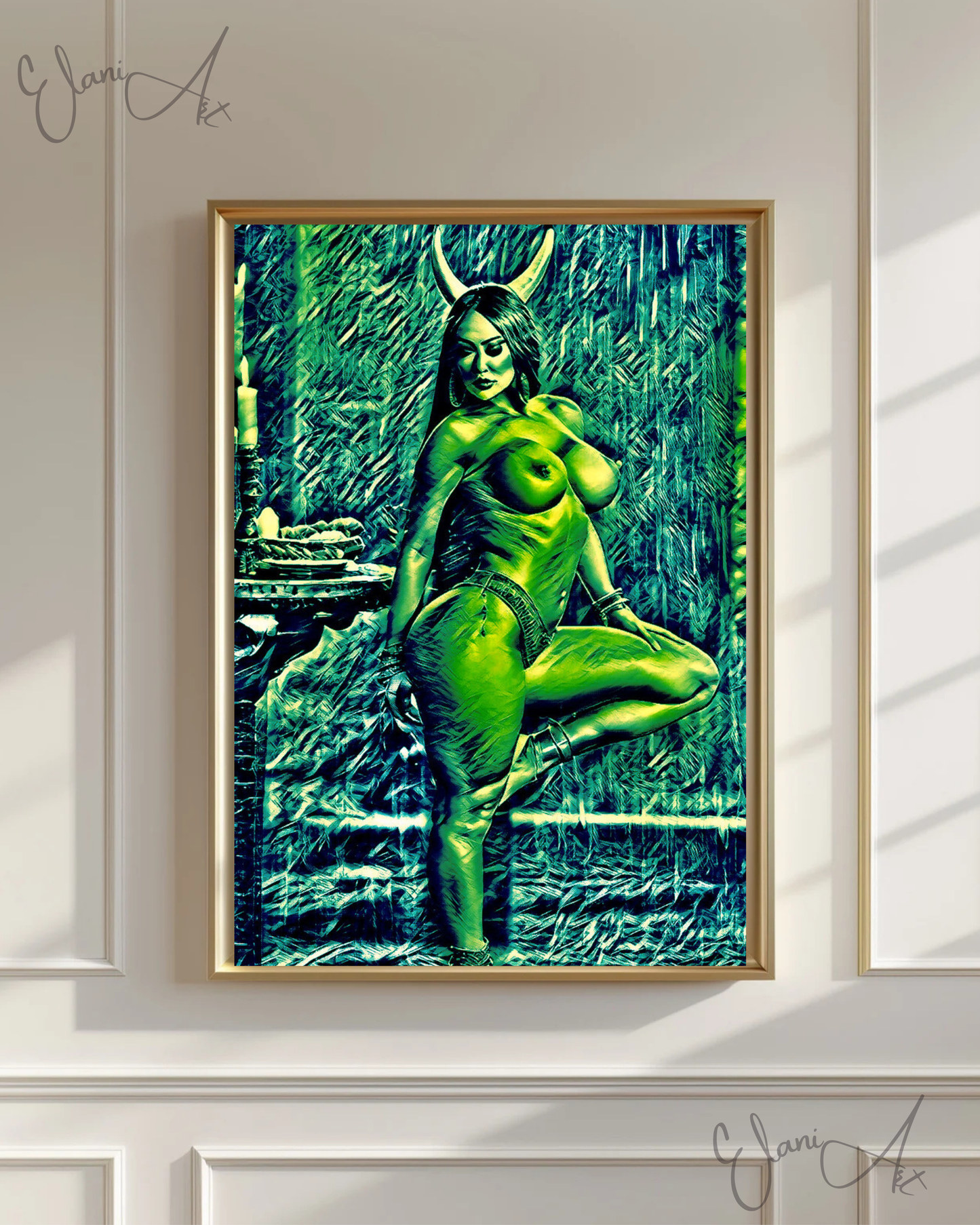 EAGER HORNS - An Original Vibrant Green Erotic Nude Woman with Horns Standing on One Leg Portrait Impressionistic Artwork Print by ElaniArt