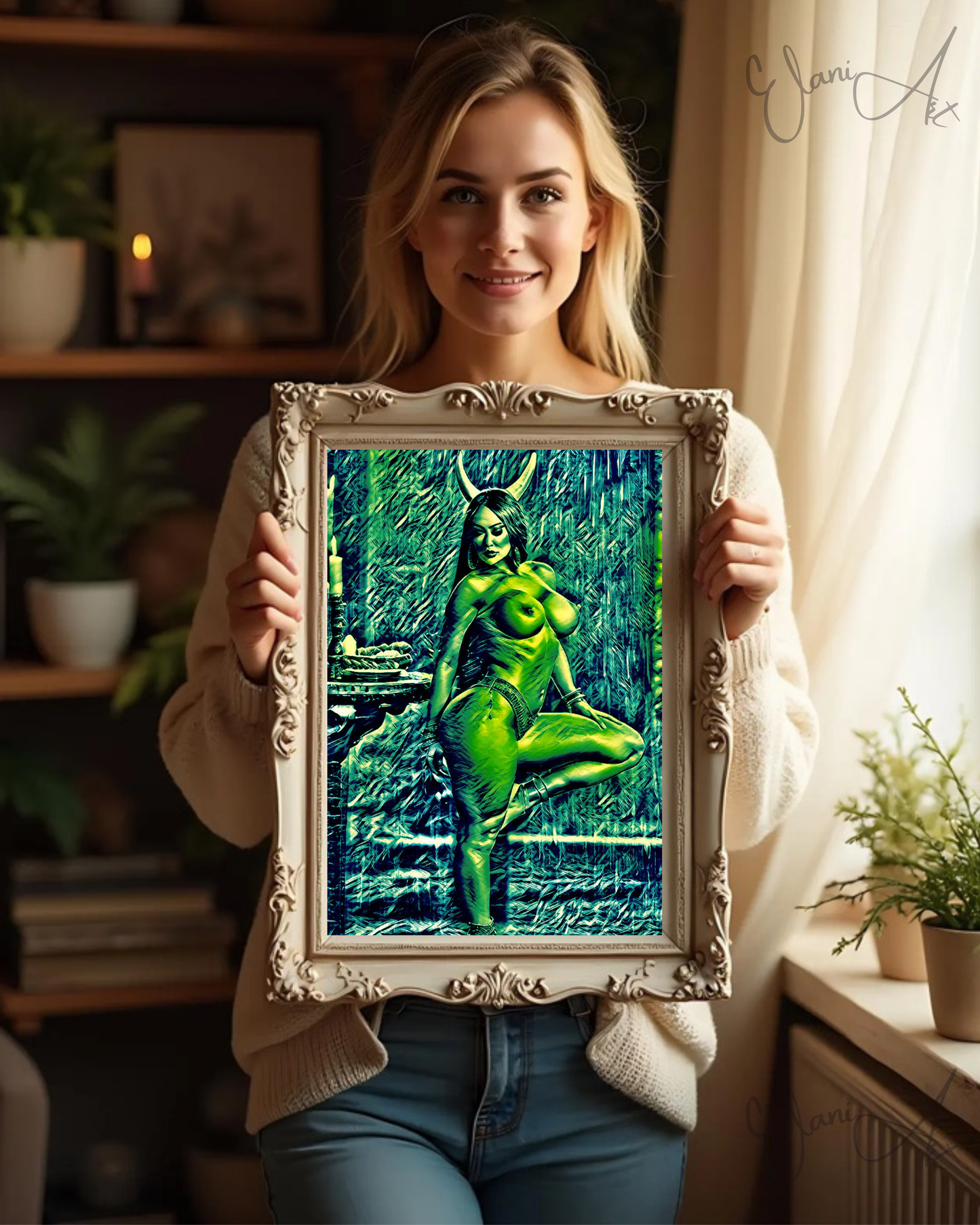 EAGER HORNS - An Original Vibrant Green Erotic Nude Woman with Horns Standing on One Leg Portrait Impressionistic Artwork Print by ElaniArt
