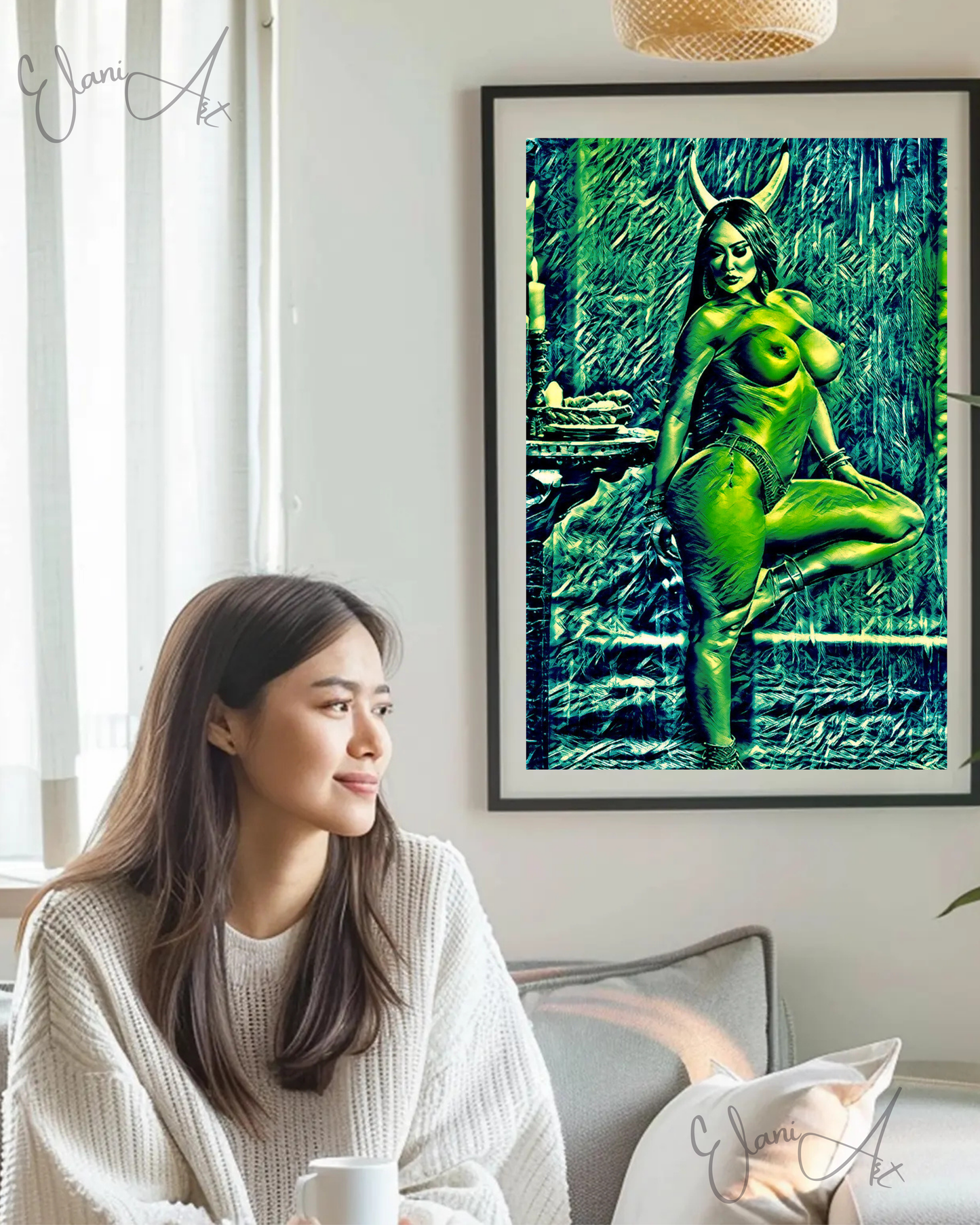 EAGER HORNS - An Original Vibrant Green Erotic Nude Woman with Horns Standing on One Leg Portrait Impressionistic Artwork Print by ElaniArt