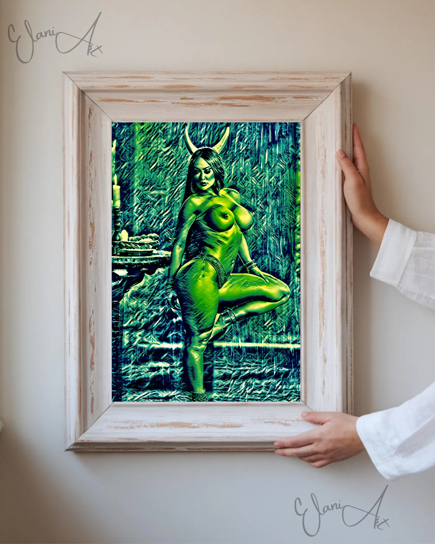 EAGER HORNS - An Original Vibrant Green Erotic Nude Woman with Horns Standing on One Leg Portrait Impressionistic Artwork Print by ElaniArt