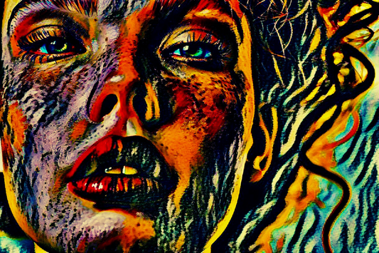 EMMIE - An Original Vibrant Red Colorful Woman's Face Freckles Open Mouth Blue Eyes Portrait Impressionistic Wall Artwork Print by ElaniArt