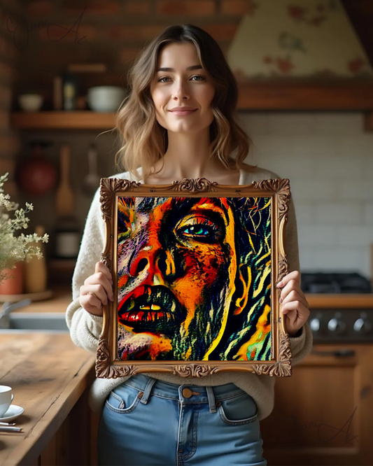 EMMIE - An Original Vibrant Red Colorful Woman's Face Freckles Open Mouth Blue Eyes Portrait Impressionistic Wall Artwork Print by ElaniArt